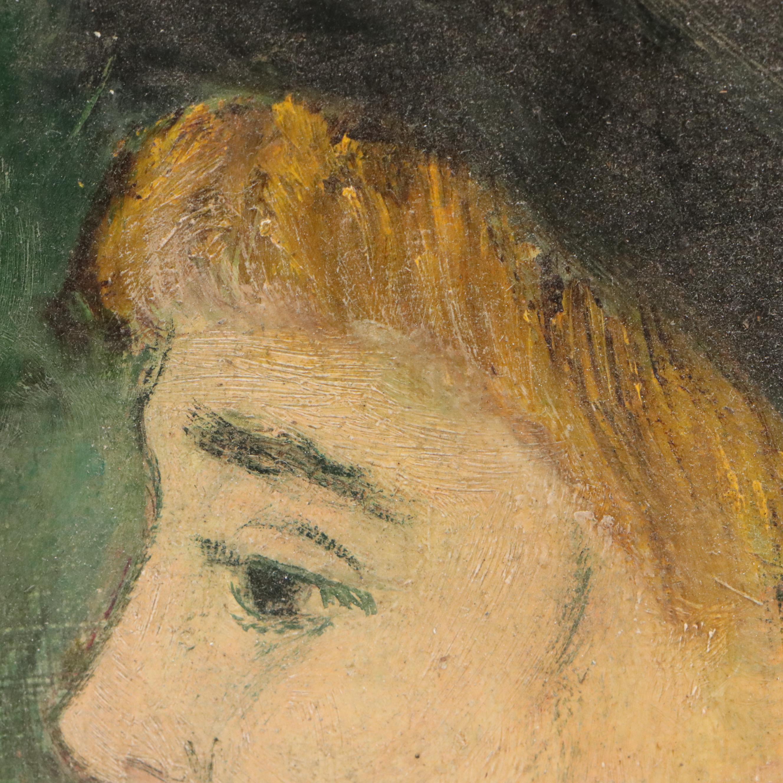 S. D'Ambra Portrait Oil Painting of Young Woman in Hat