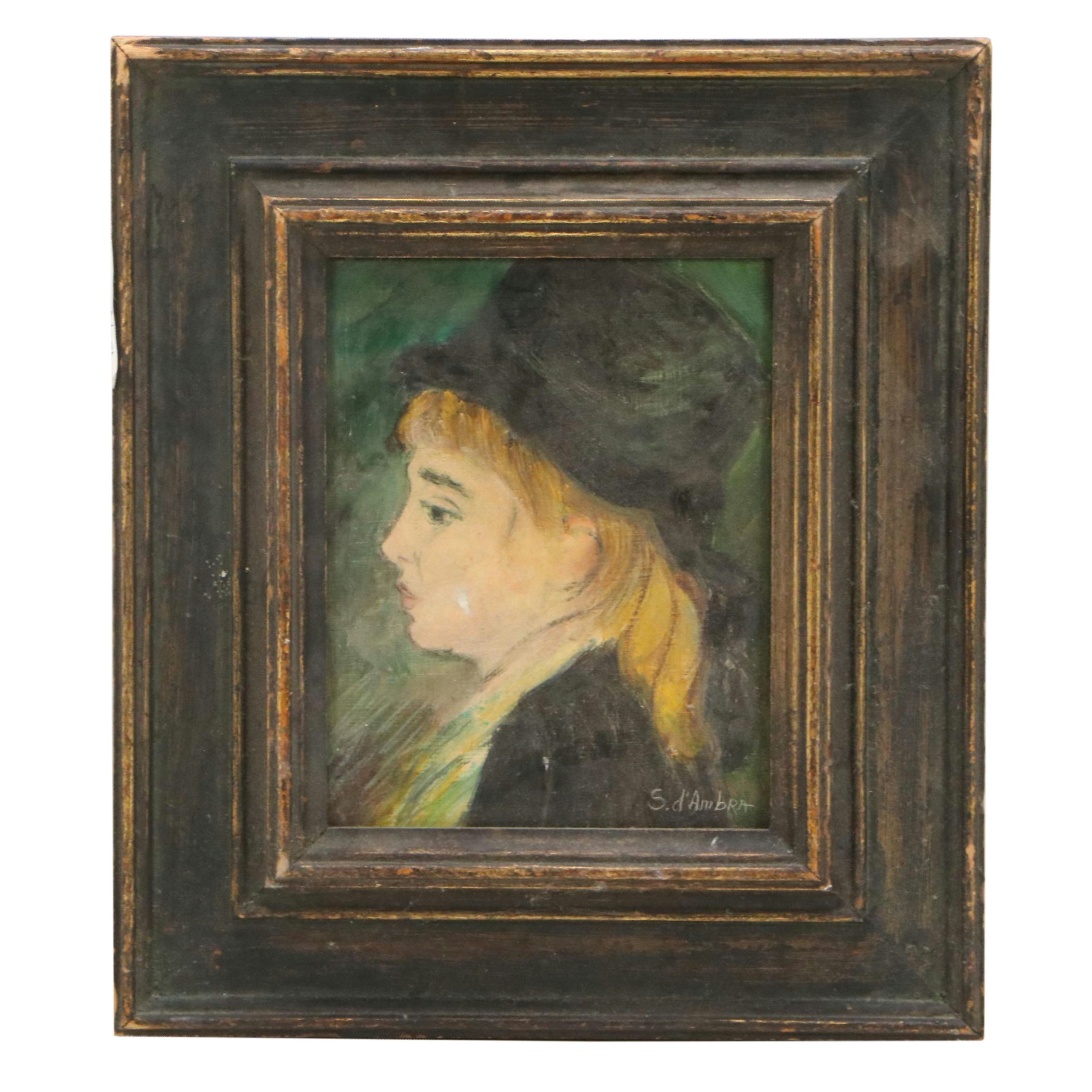 S. D'Ambra Portrait Oil Painting of Young Woman in Hat