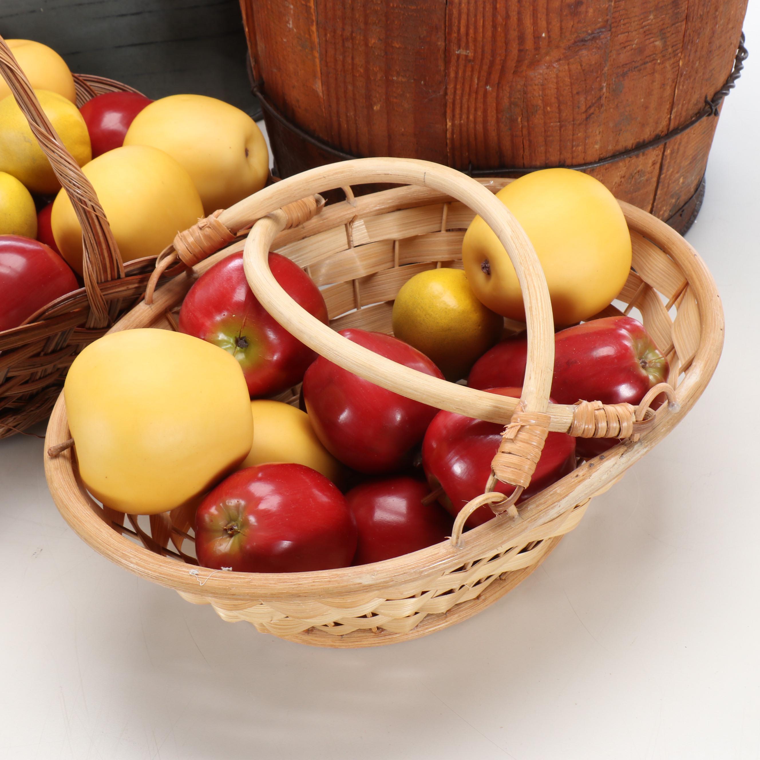 Wooden Barrel, Metal Planter, Woven Baskets, and Decorative Fruit