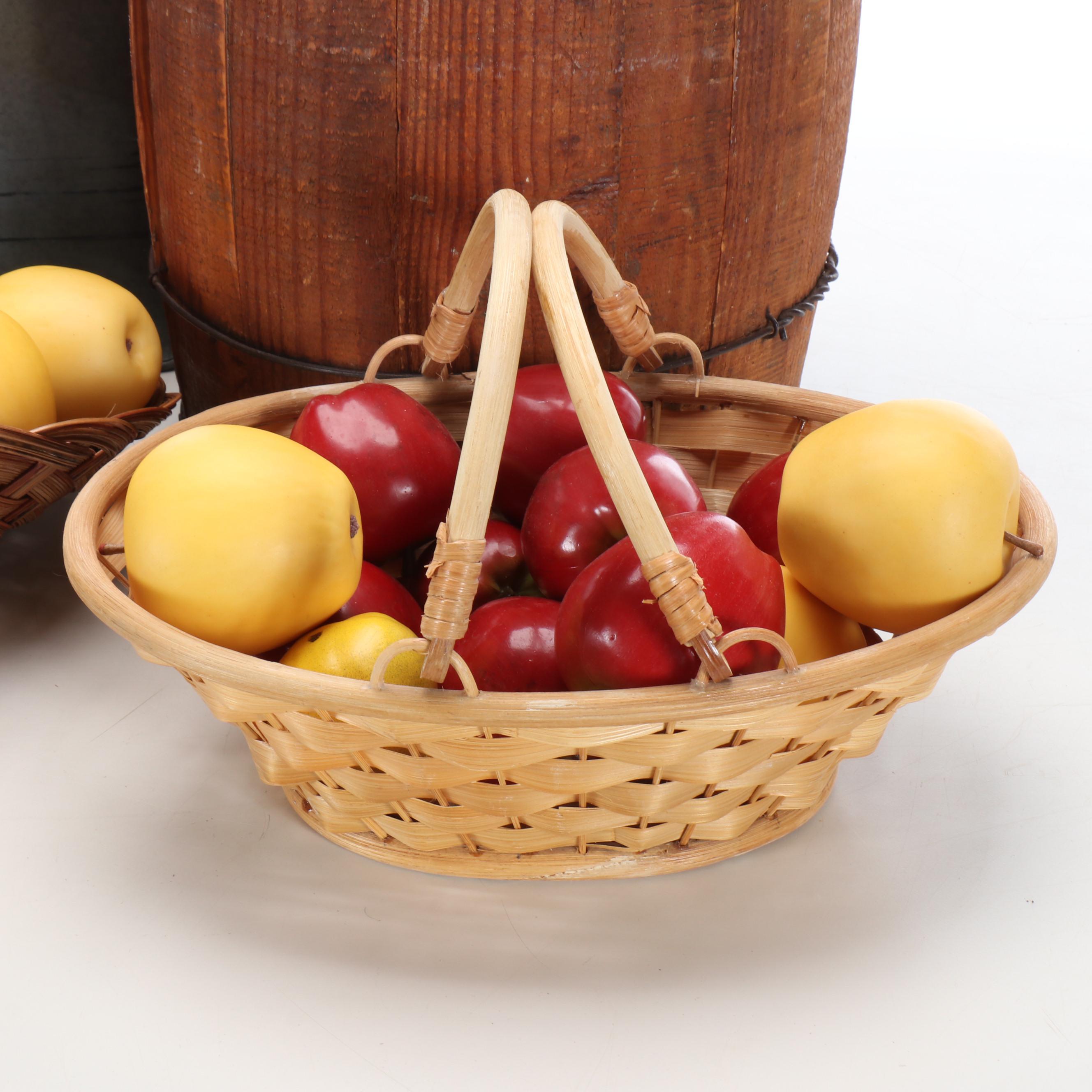 Wooden Barrel, Metal Planter, Woven Baskets, and Decorative Fruit