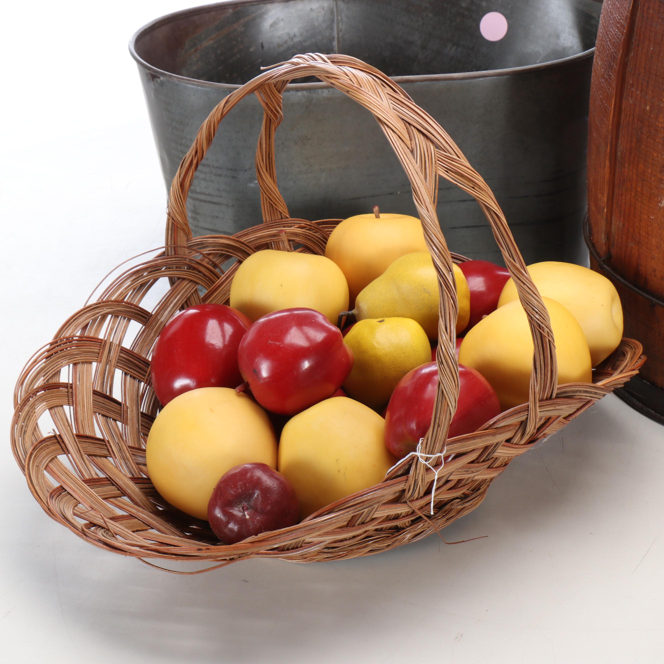 Wooden Barrel, Metal Planter, Woven Baskets, and Decorative Fruit