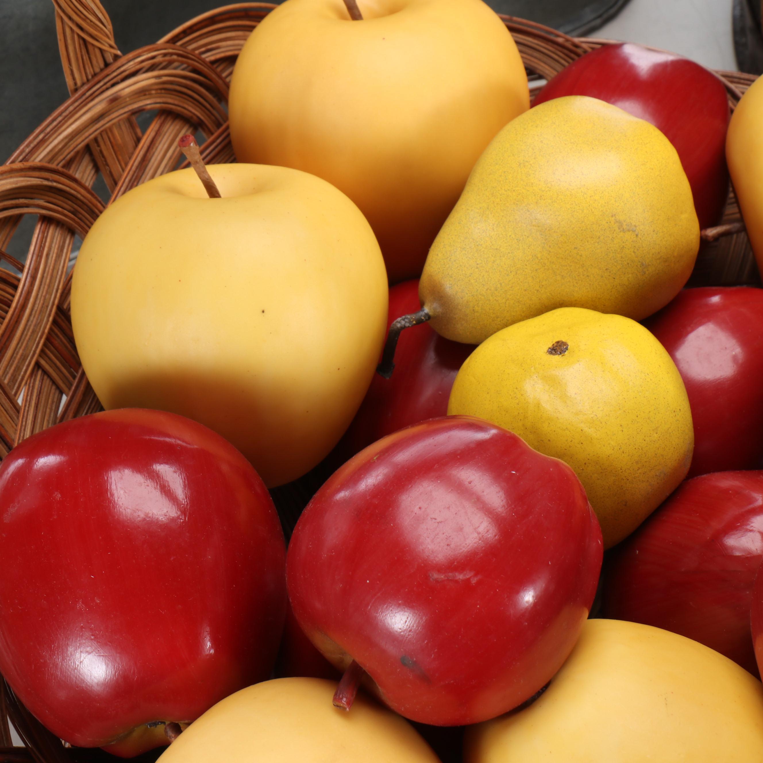 Wooden Barrel, Metal Planter, Woven Baskets, and Decorative Fruit
