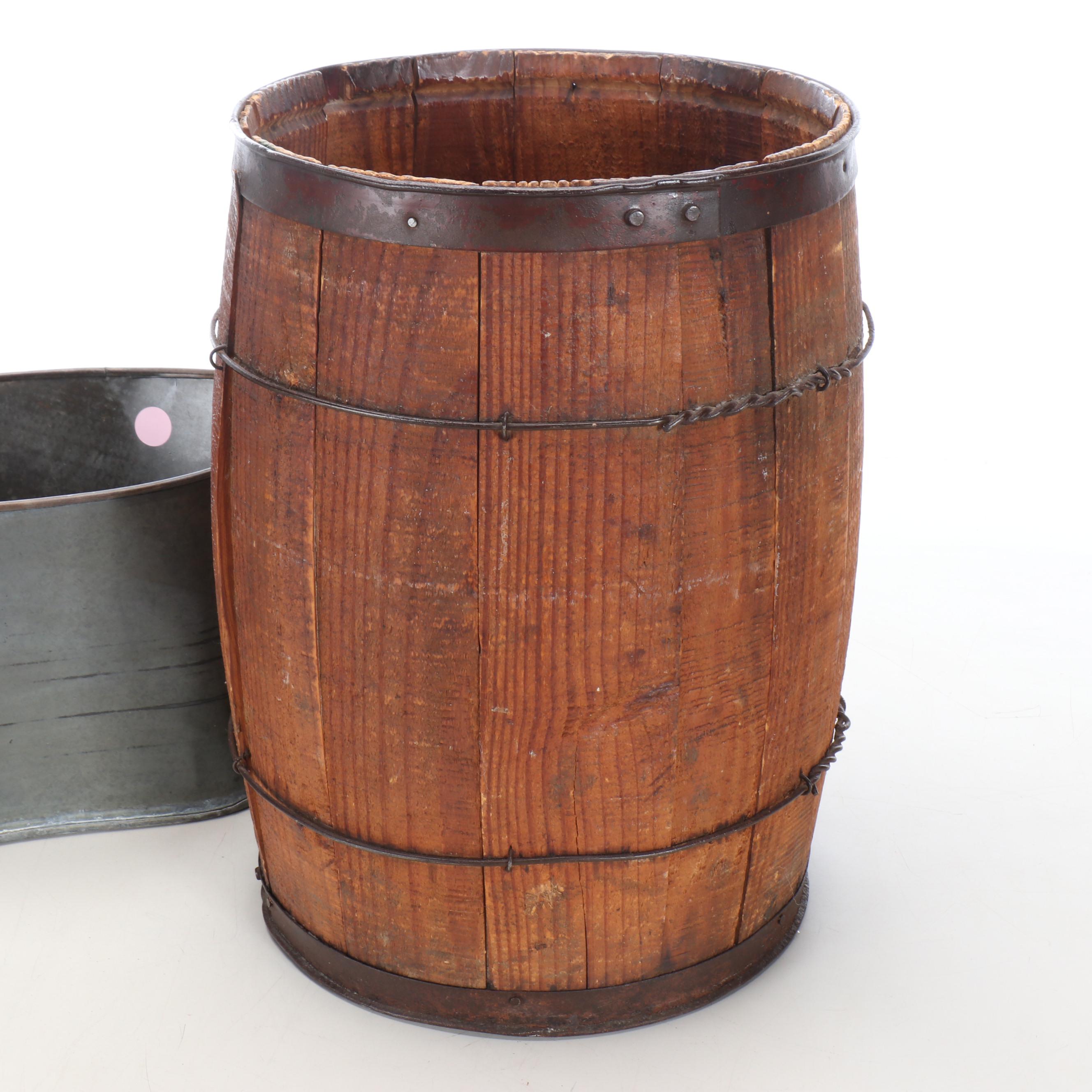 Wooden Barrel, Metal Planter, Woven Baskets, and Decorative Fruit