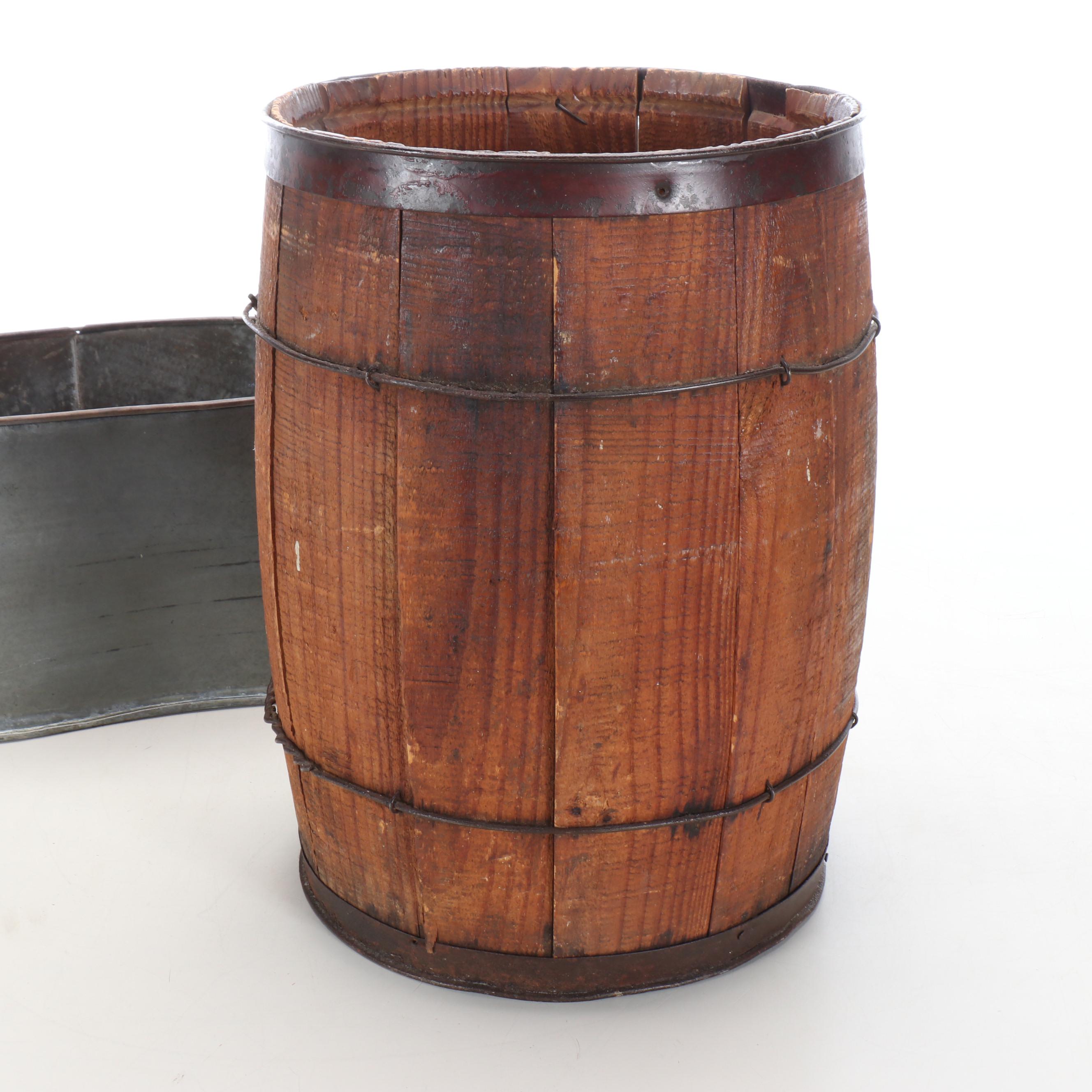 Wooden Barrel, Metal Planter, Woven Baskets, and Decorative Fruit