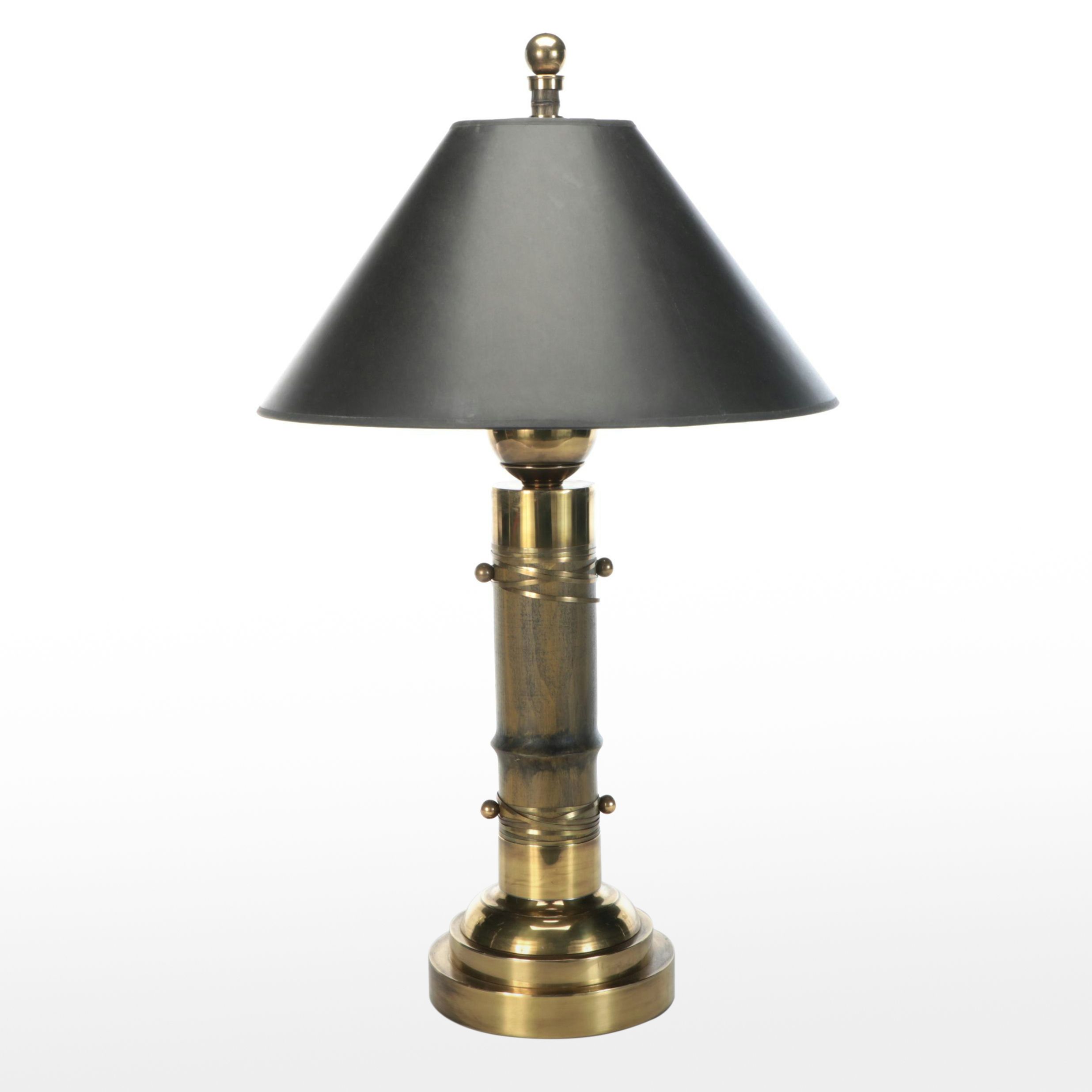 Brass Faux Bamboo Table Lamp with Black Paper Shade, Mid to Late 20th Century