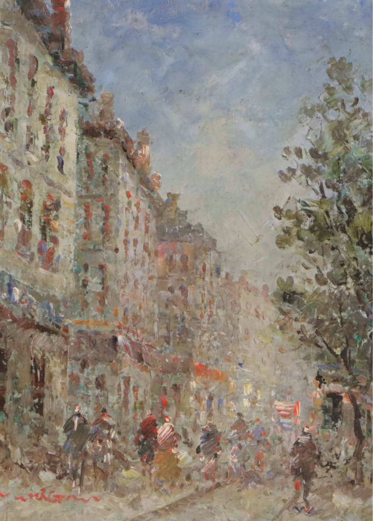 Impressionistic Oil Painting of Street Scene with Townspeople, 20th Century