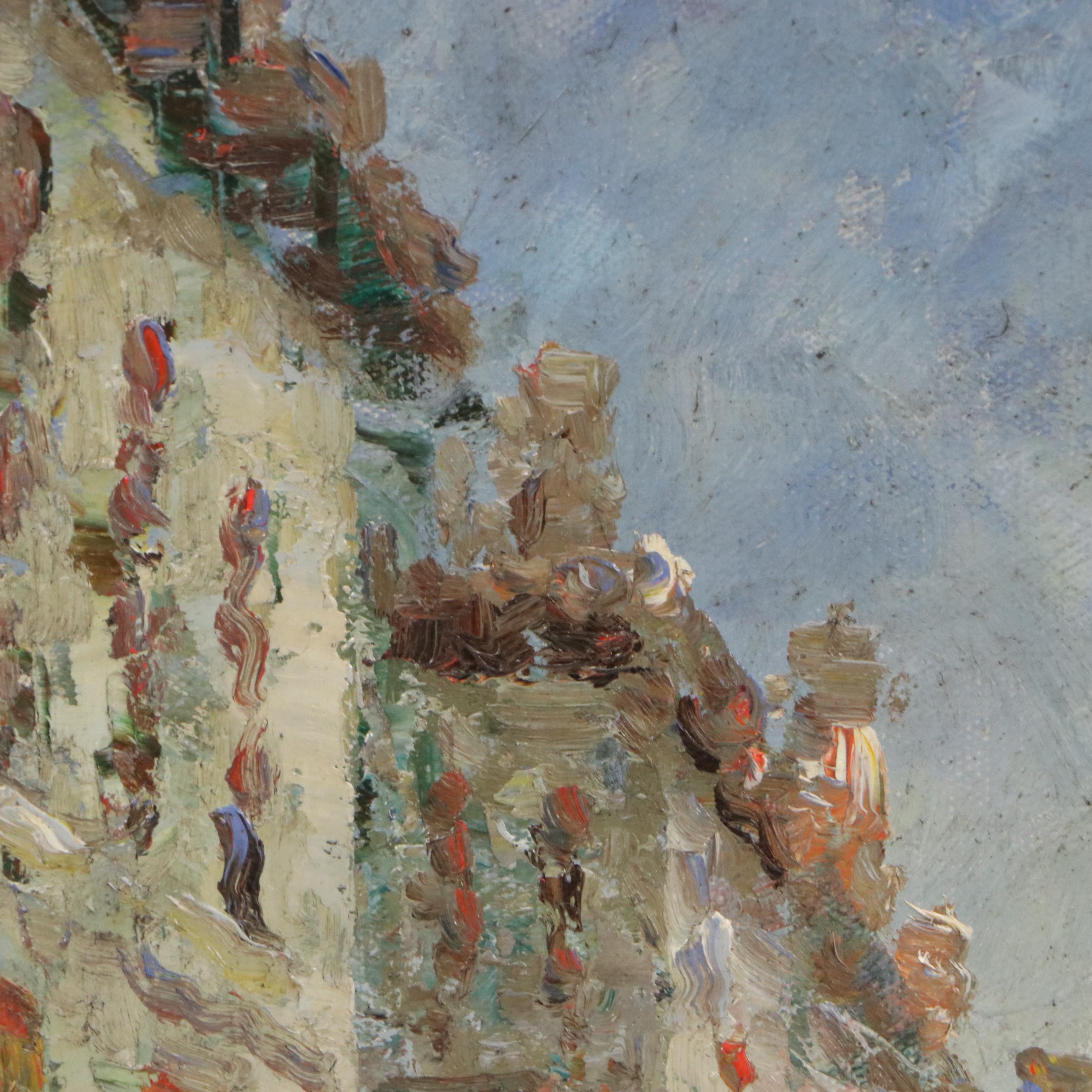 Impressionistic Oil Painting of Street Scene with Townspeople, 20th Century