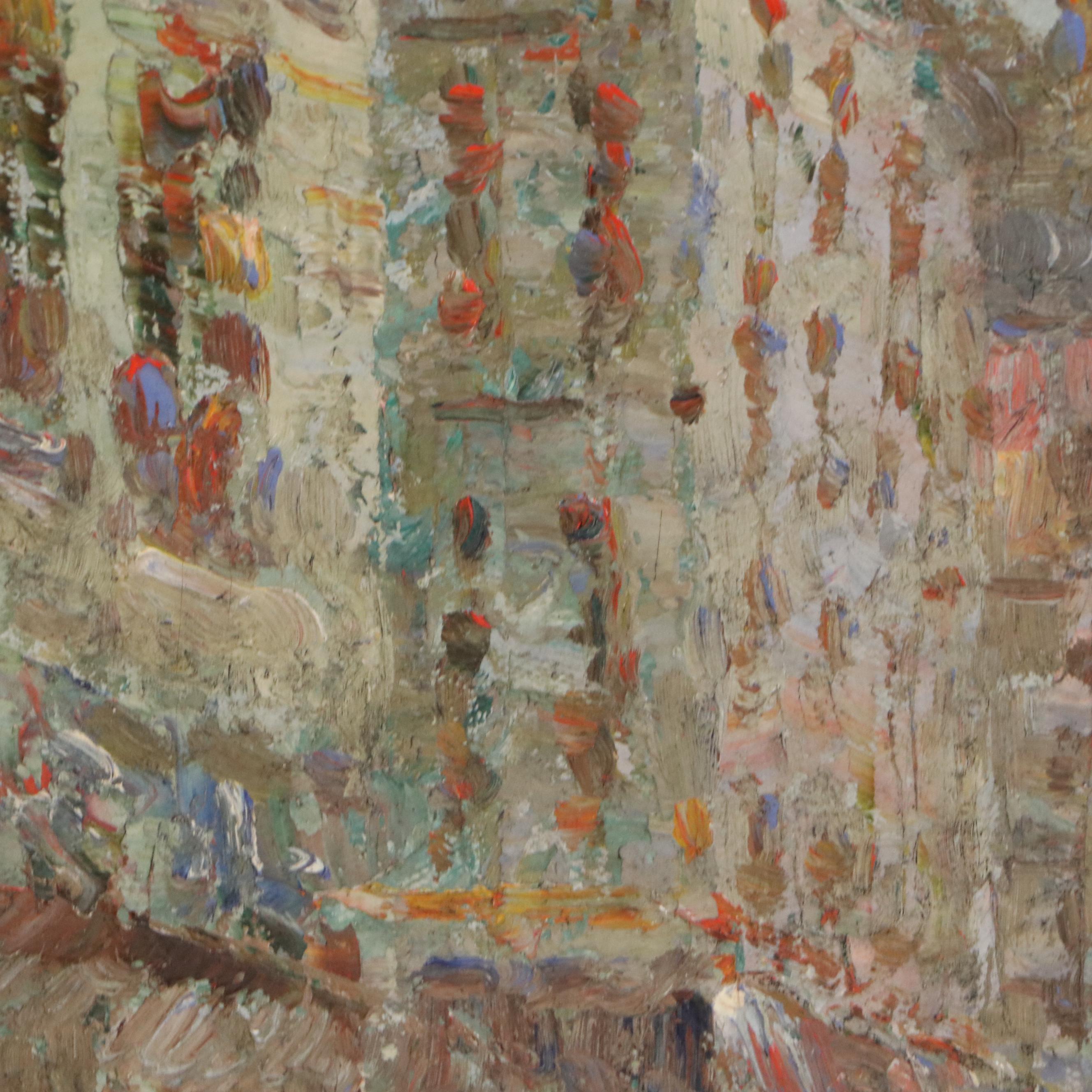 Impressionistic Oil Painting of Street Scene with Townspeople, 20th Century