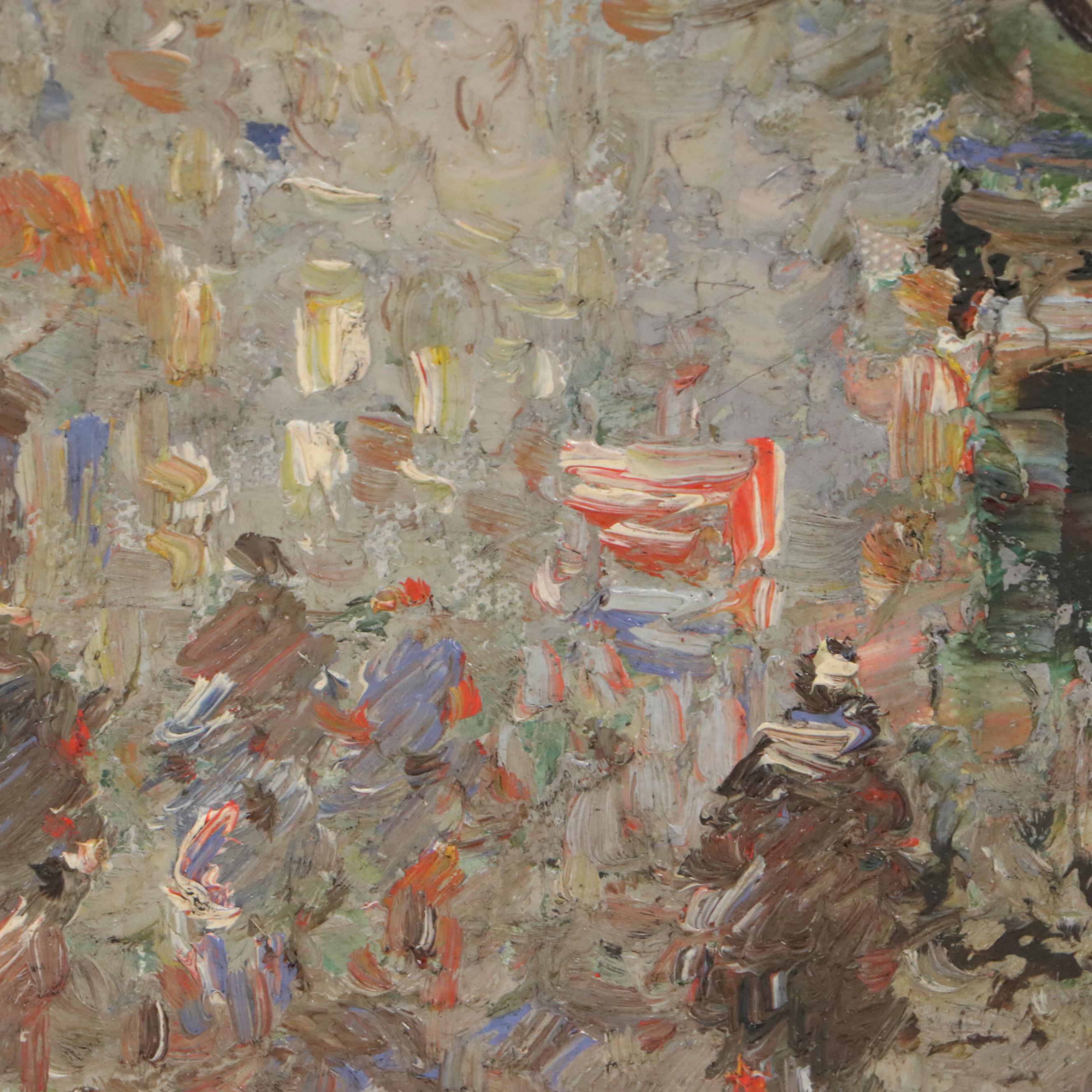 Impressionistic Oil Painting of Street Scene with Townspeople, 20th Century
