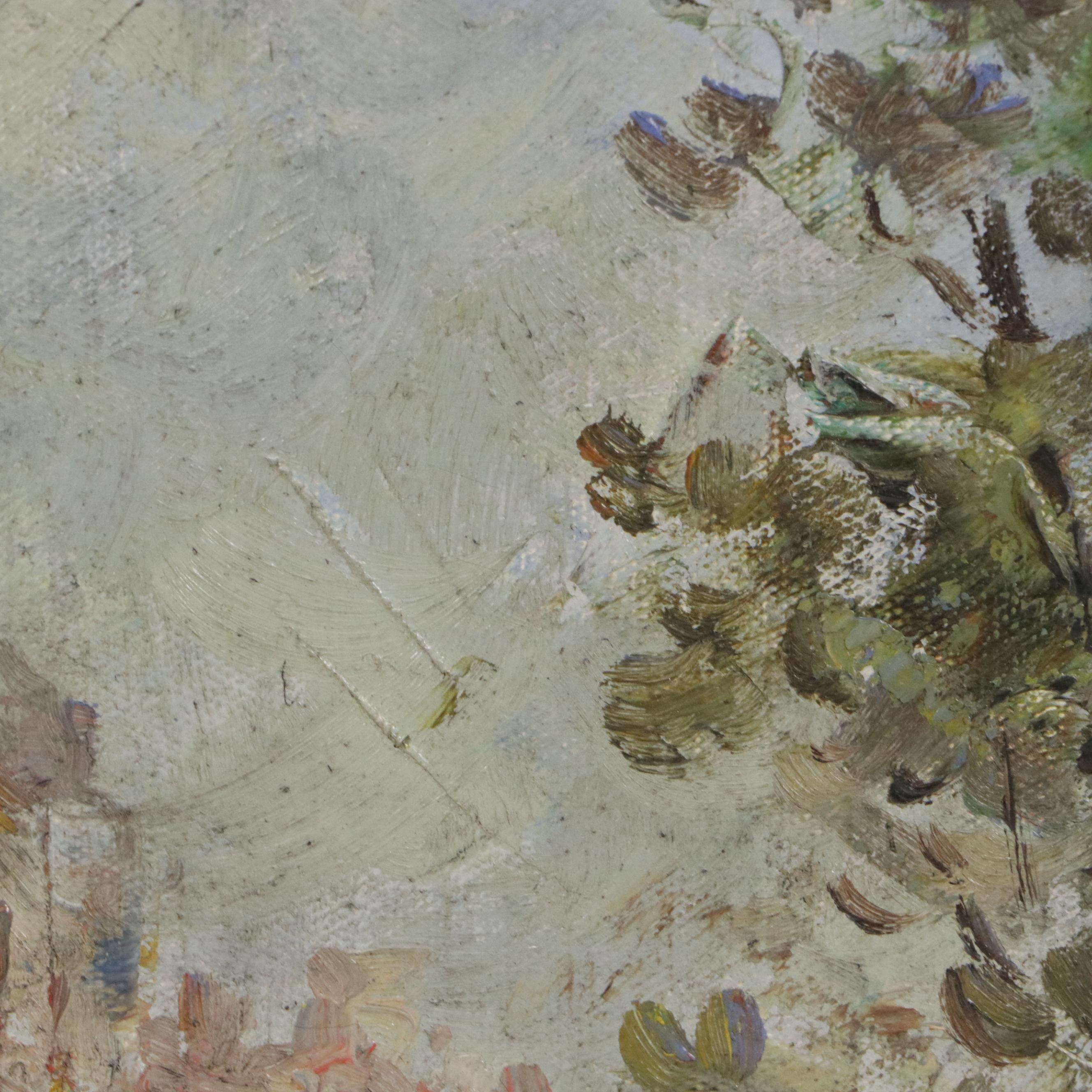 Impressionistic Oil Painting of Street Scene with Townspeople, 20th Century