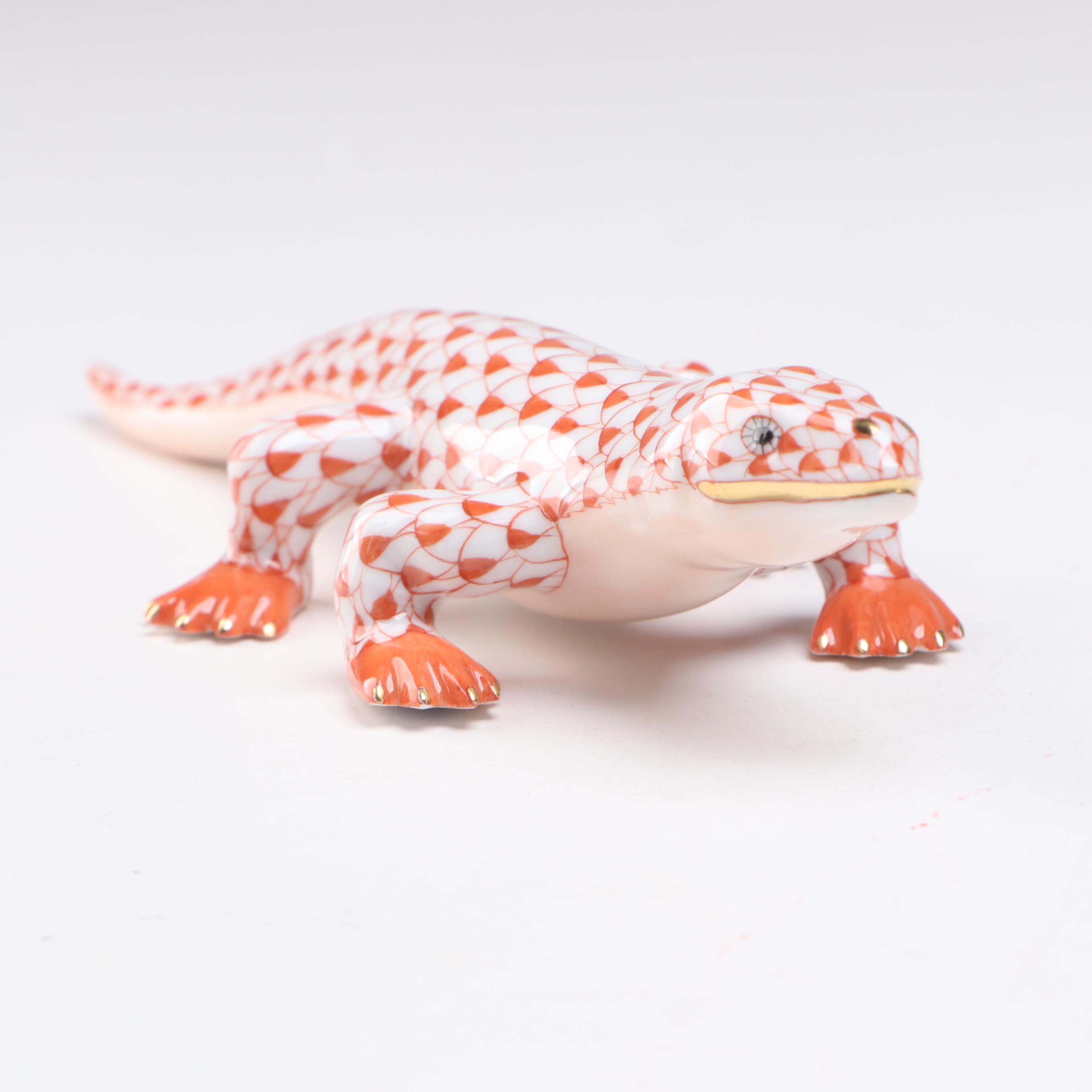 Herend Rust Fishnet with Gold "Komodo Dragon" Porcelain Figurine