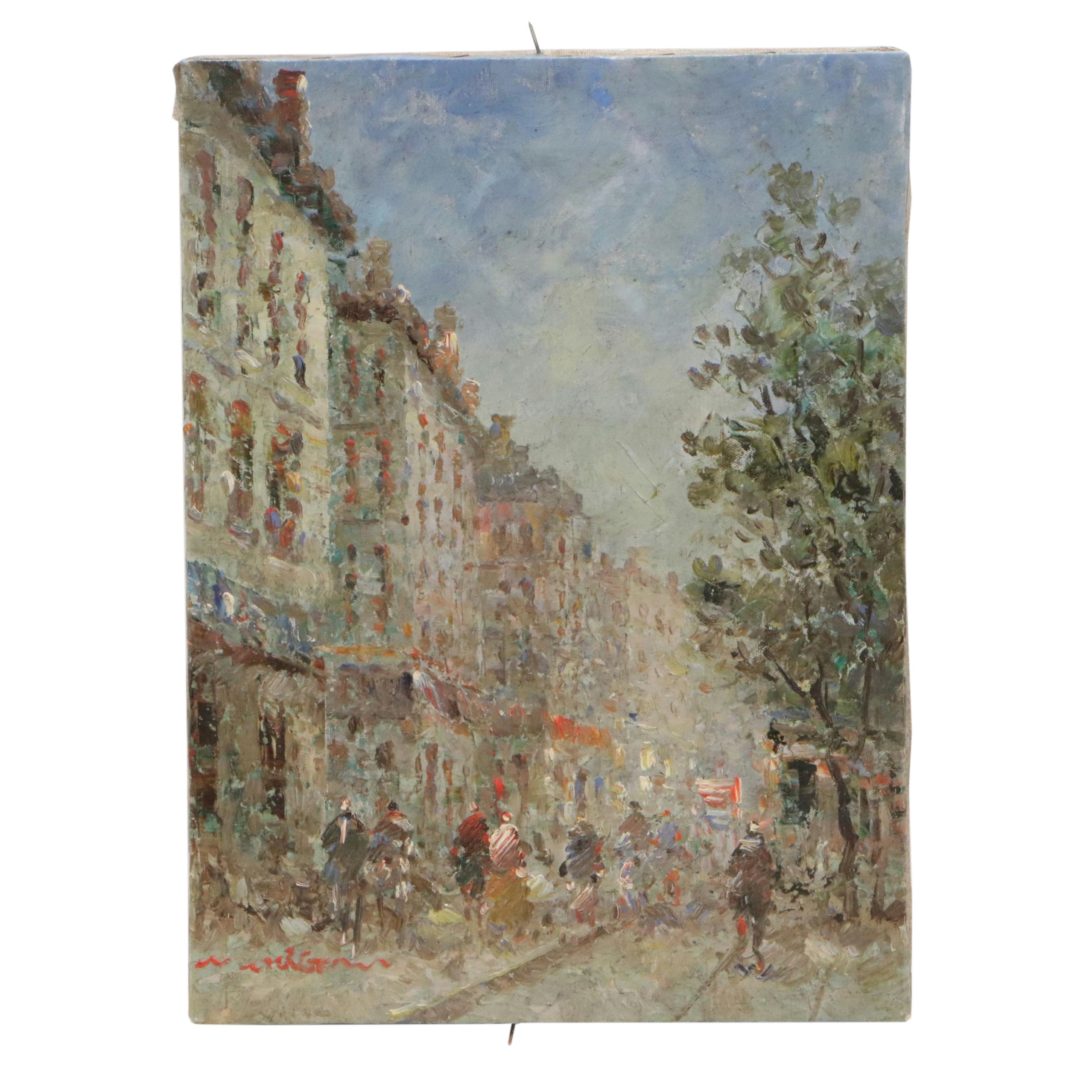 Impressionistic Oil Painting of Street Scene with Townspeople, 20th Century