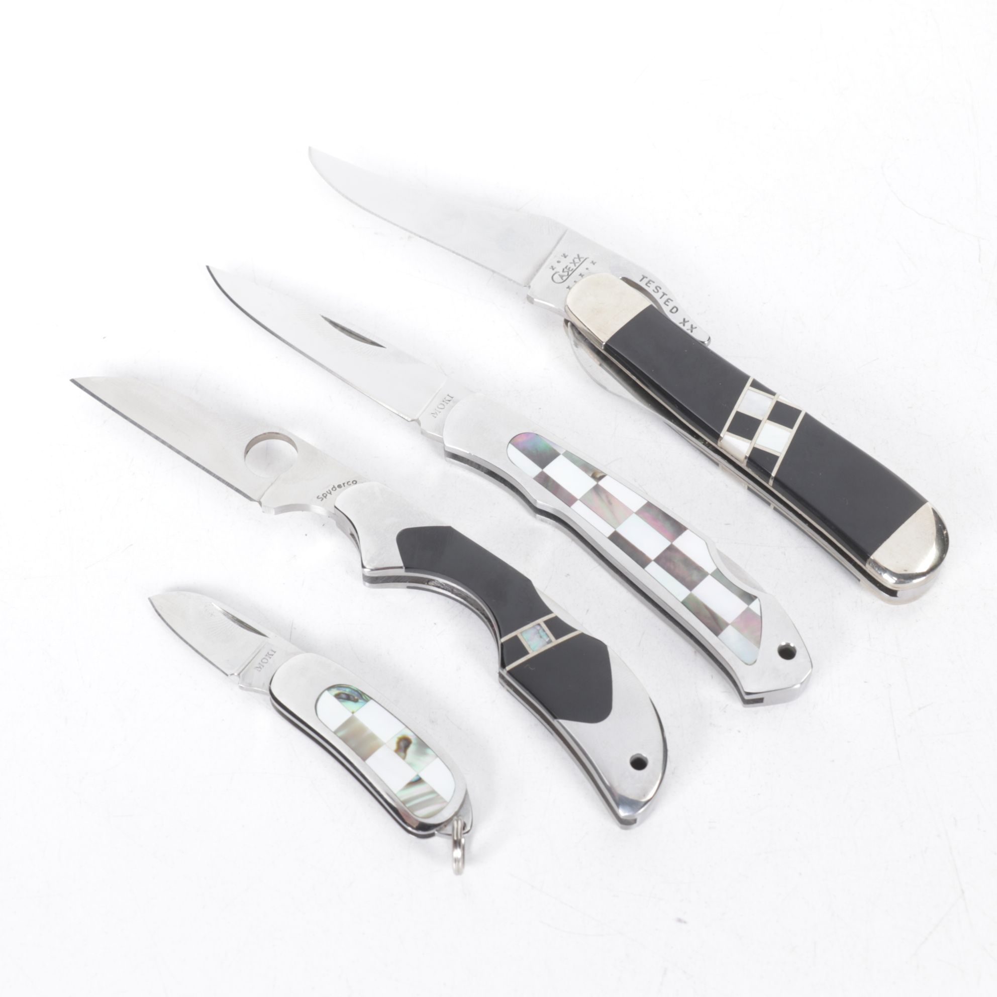 Case, Spyderco and Moki Folding Knives with Mother-of-Pearl and Abalone Handles