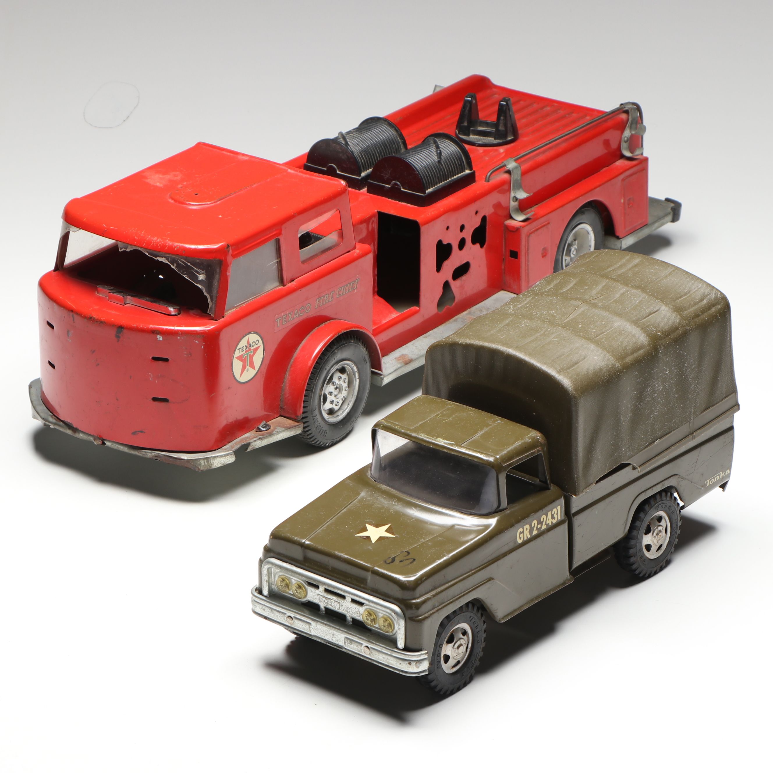 Buddy L "Texaco Fire Chief Truck" and Tonka Covered Military Toy Truck, 1960s