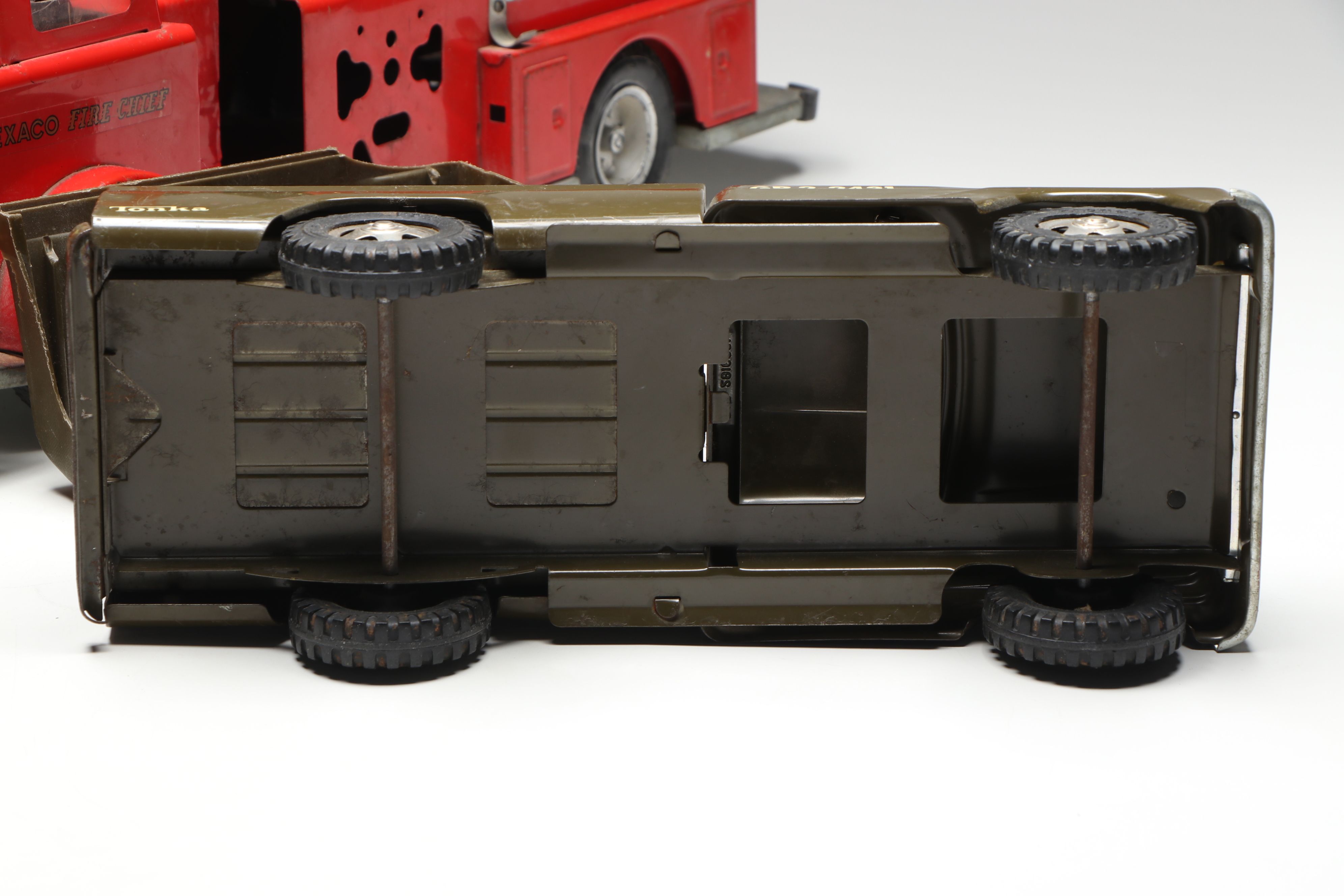 Buddy L "Texaco Fire Chief Truck" and Tonka Covered Military Toy Truck, 1960s