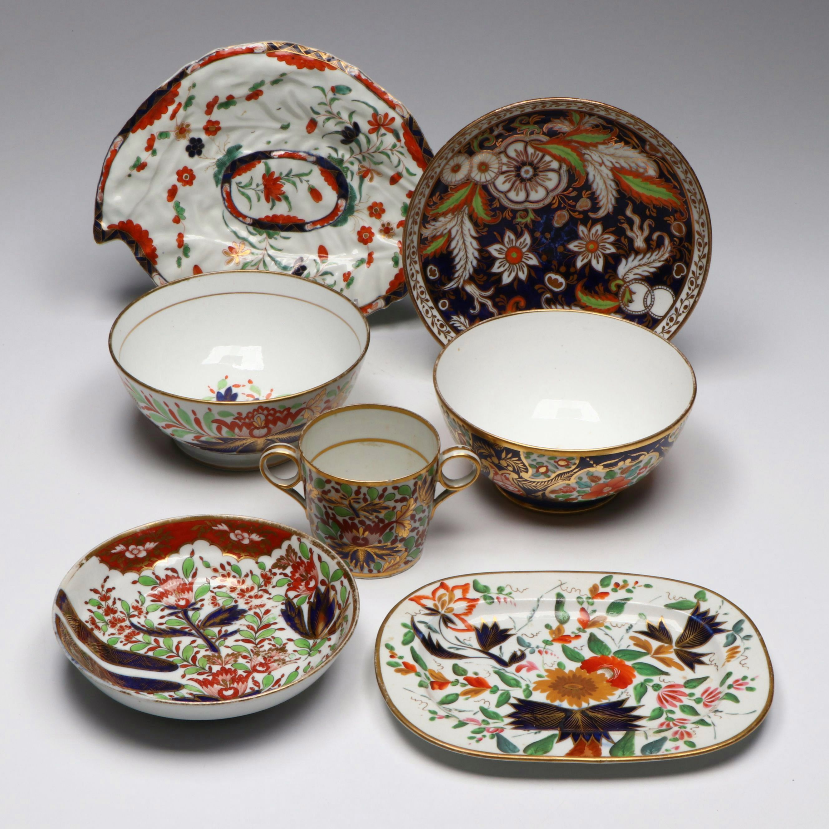 Dr. Wall Worcester Leaf Plate and Platter with Other English Imari Tableware
