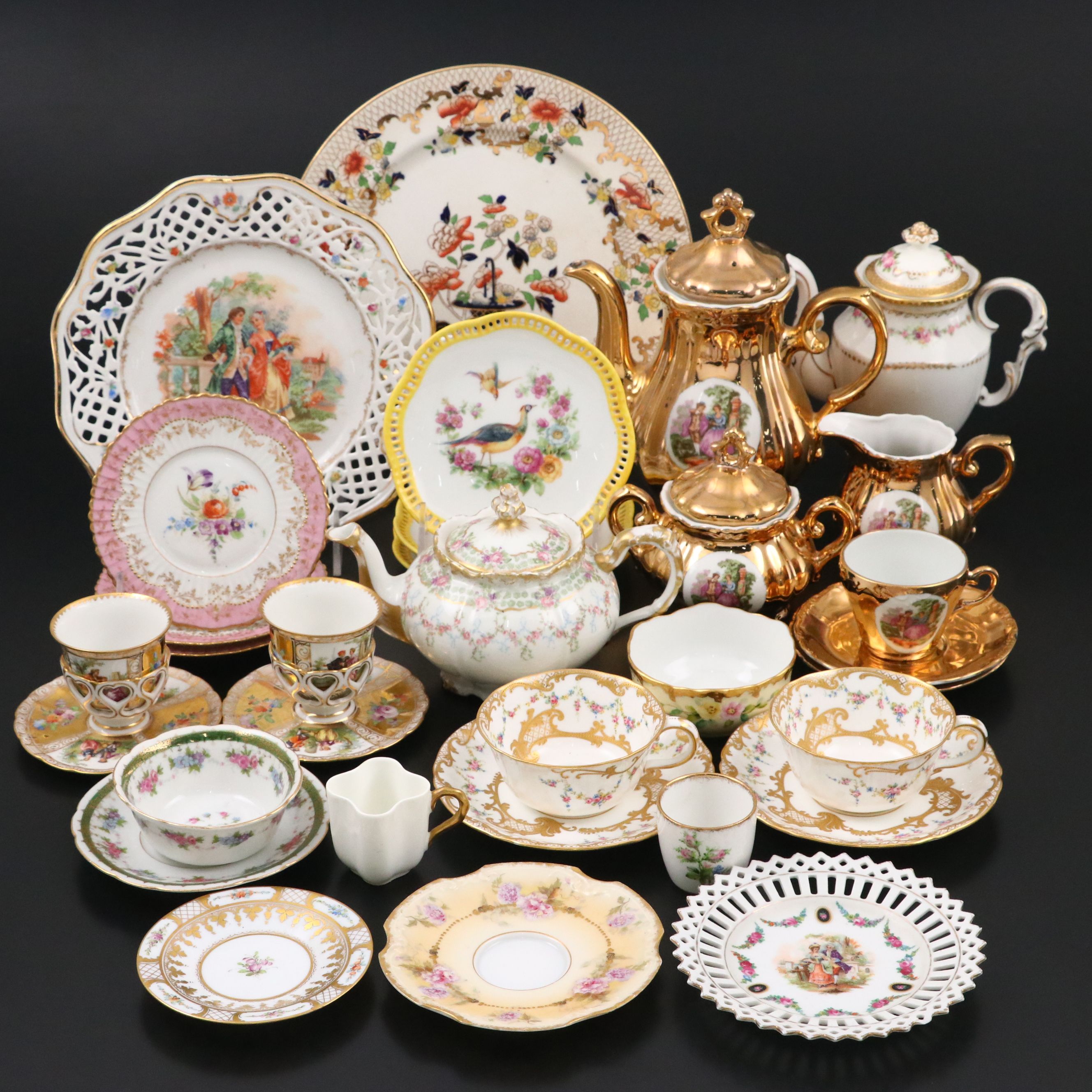 Dresden Porcelain Plates and Egg Cups with Other Floral Dinnerware