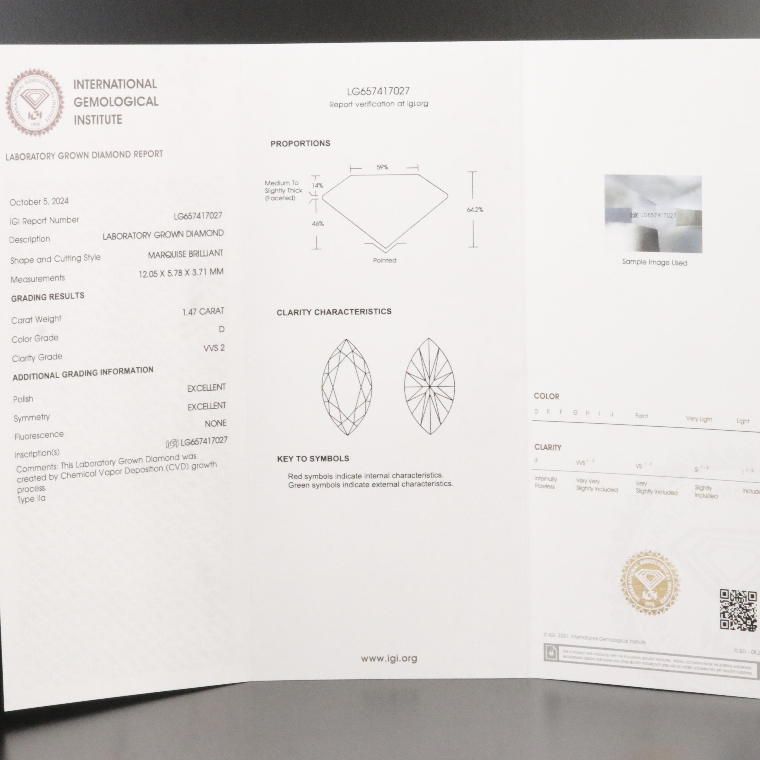 Loose 1.47 CT Lab Grown Diamond with IGI Report
