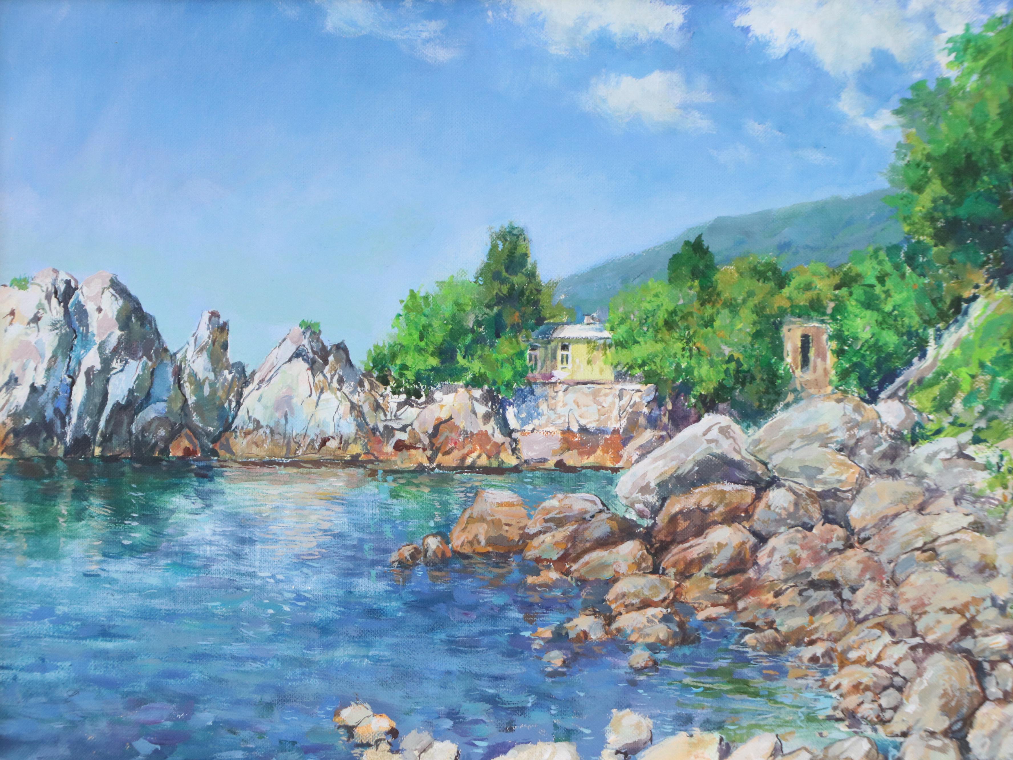 Aleksandr Yastrebov Acrylic Painting of Mediterranean Beach House, 2024