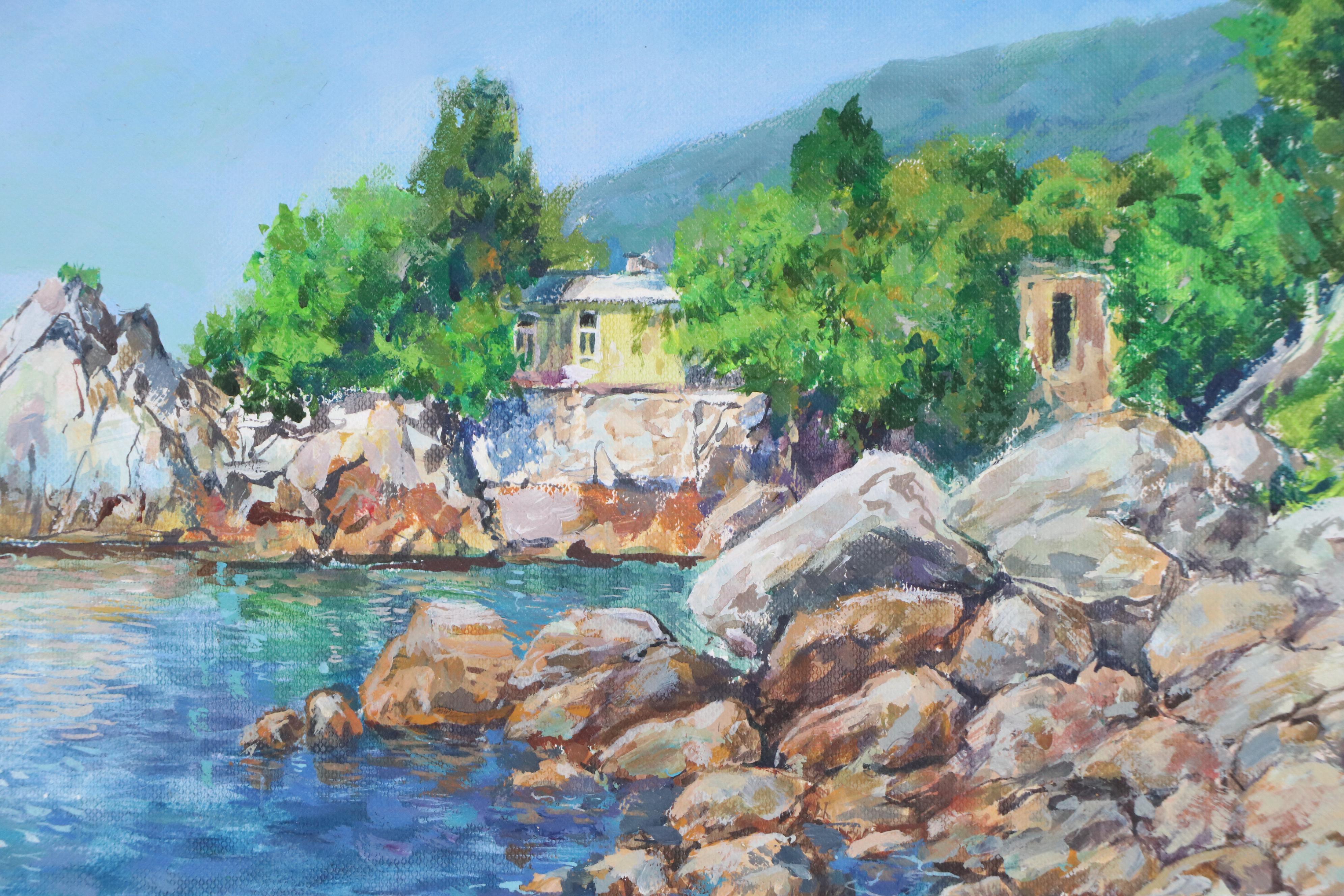 Aleksandr Yastrebov Acrylic Painting of Mediterranean Beach House, 2024