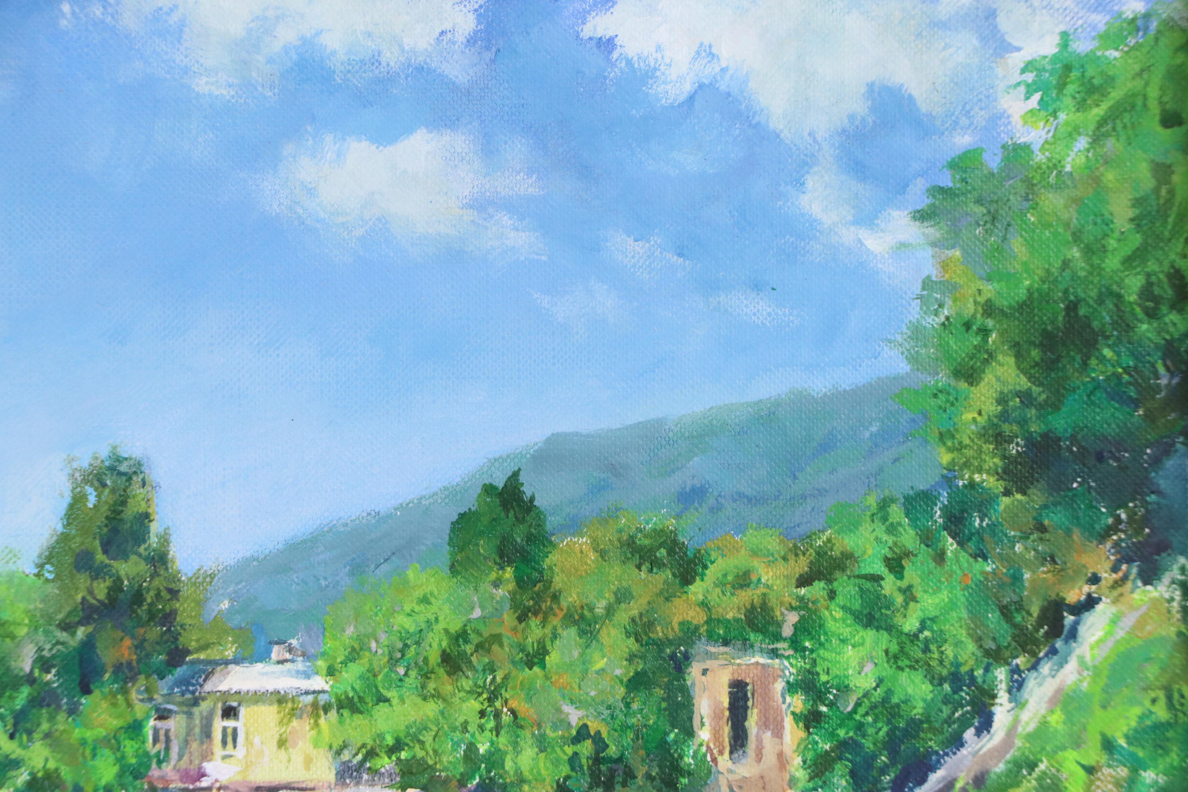 Aleksandr Yastrebov Acrylic Painting of Mediterranean Beach House, 2024