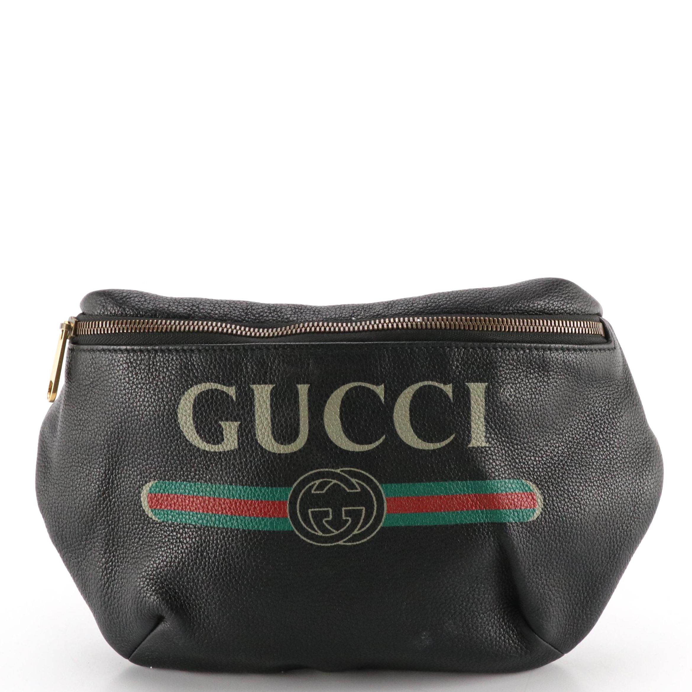 Gucci Belt Bag in Logo Printed Black Grained Calfskin Leather with Web Strap