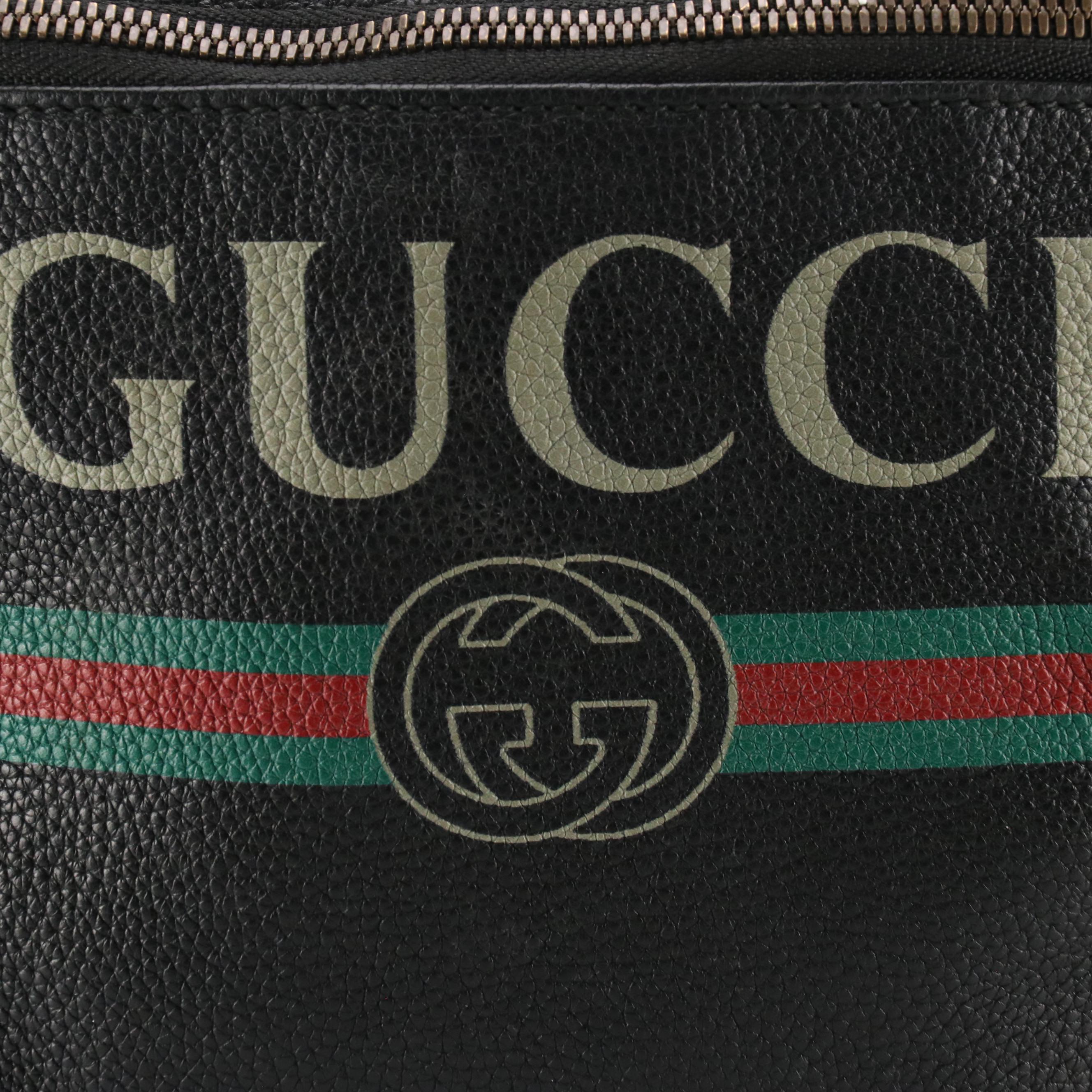 Gucci Belt Bag in Logo Printed Black Grained Calfskin Leather with Web Strap