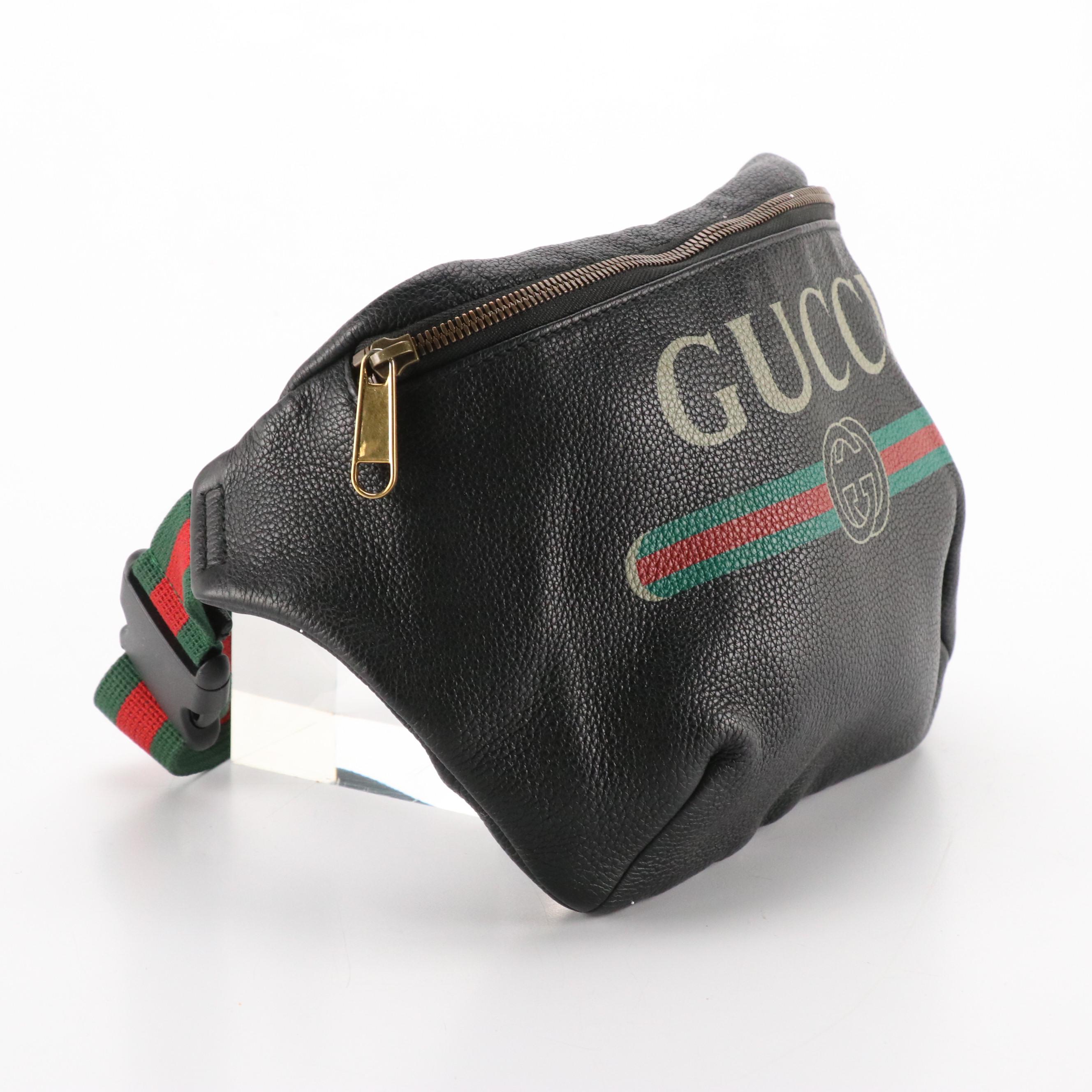 Gucci Belt Bag in Logo Printed Black Grained Calfskin Leather with Web Strap