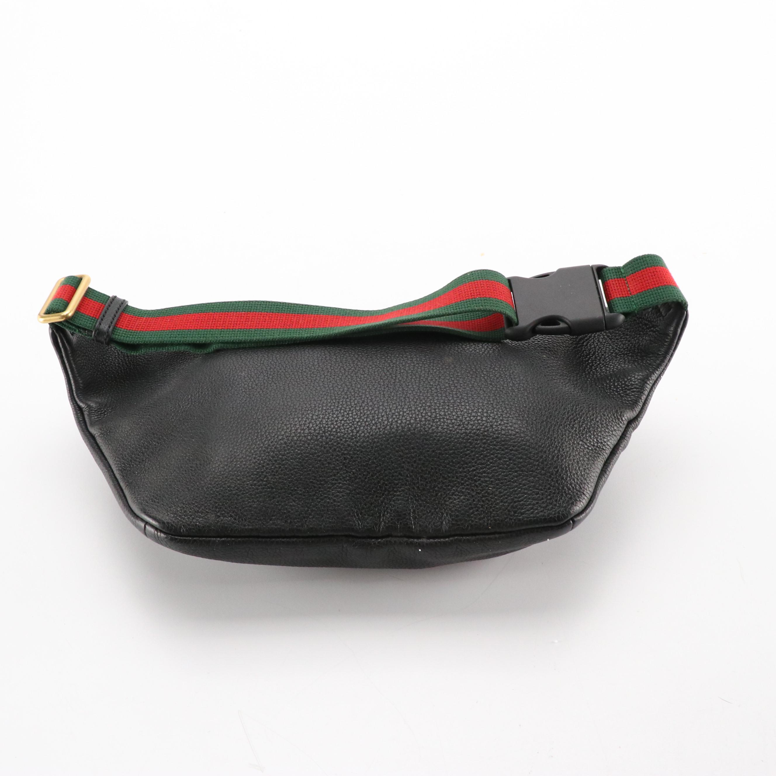 Gucci Belt Bag in Logo Printed Black Grained Calfskin Leather with Web Strap