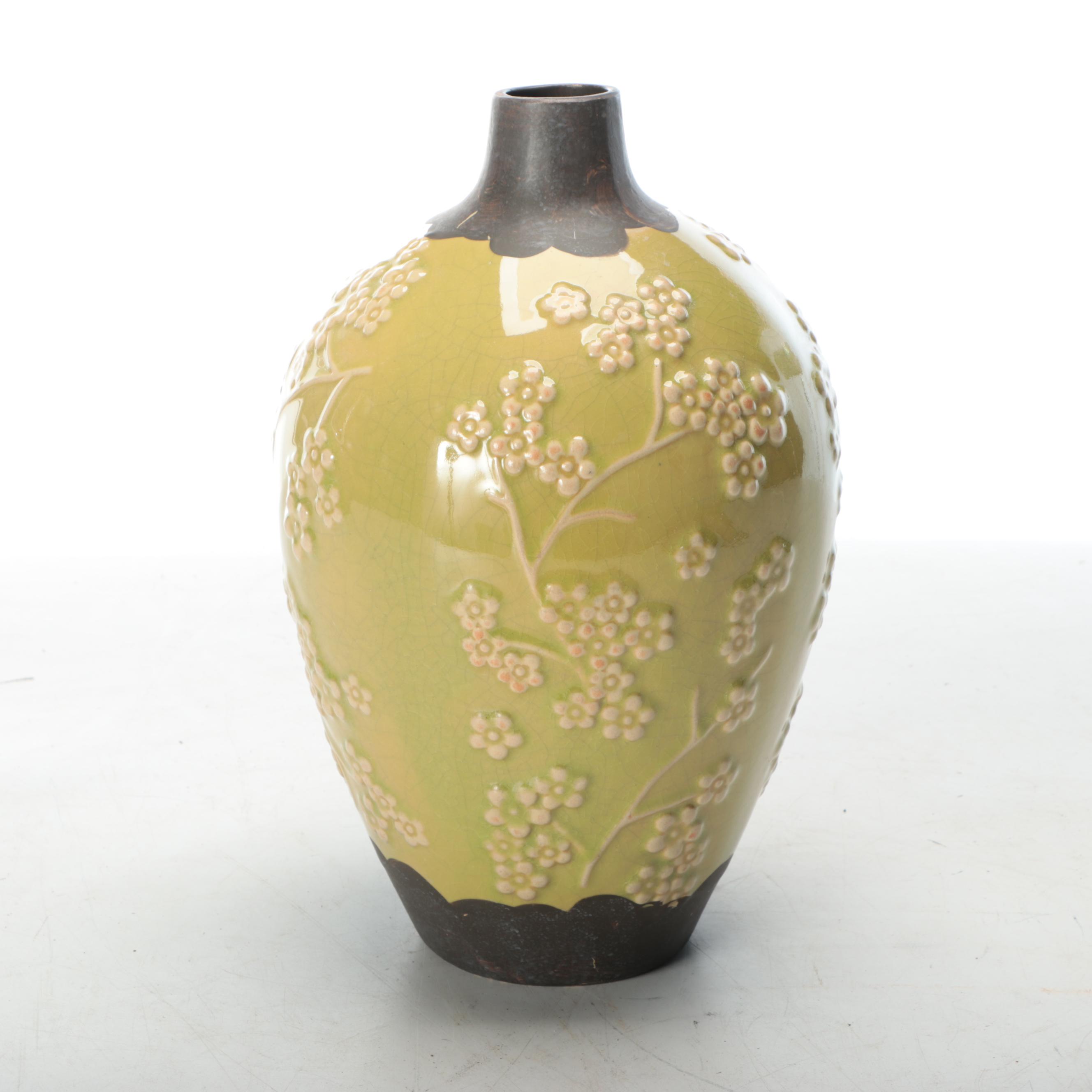 Antiqued Wire Bowl with Green Floral Vase and Other Décor