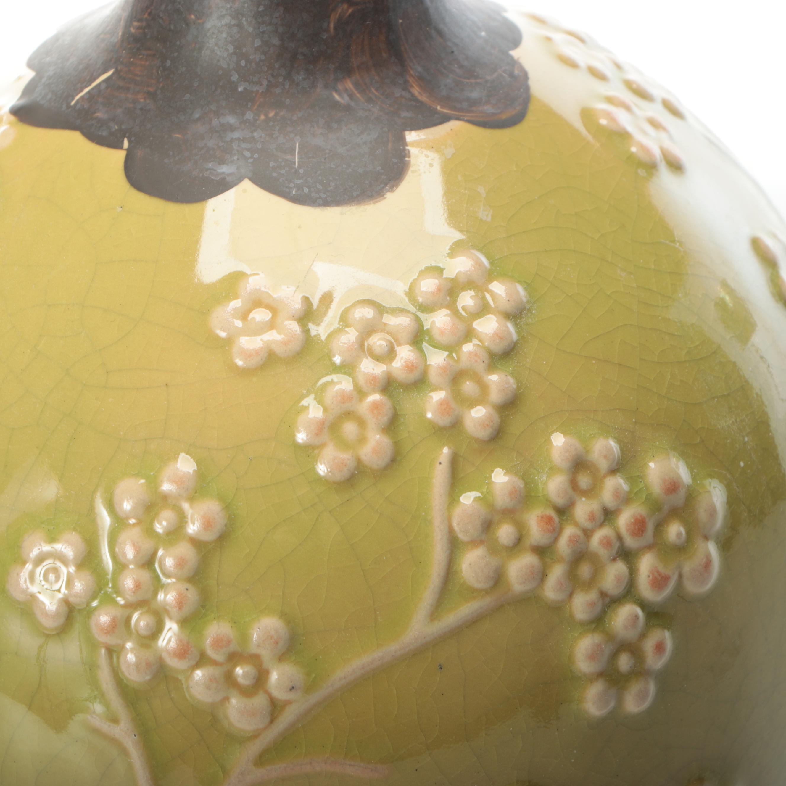 Antiqued Wire Bowl with Green Floral Vase and Other Décor