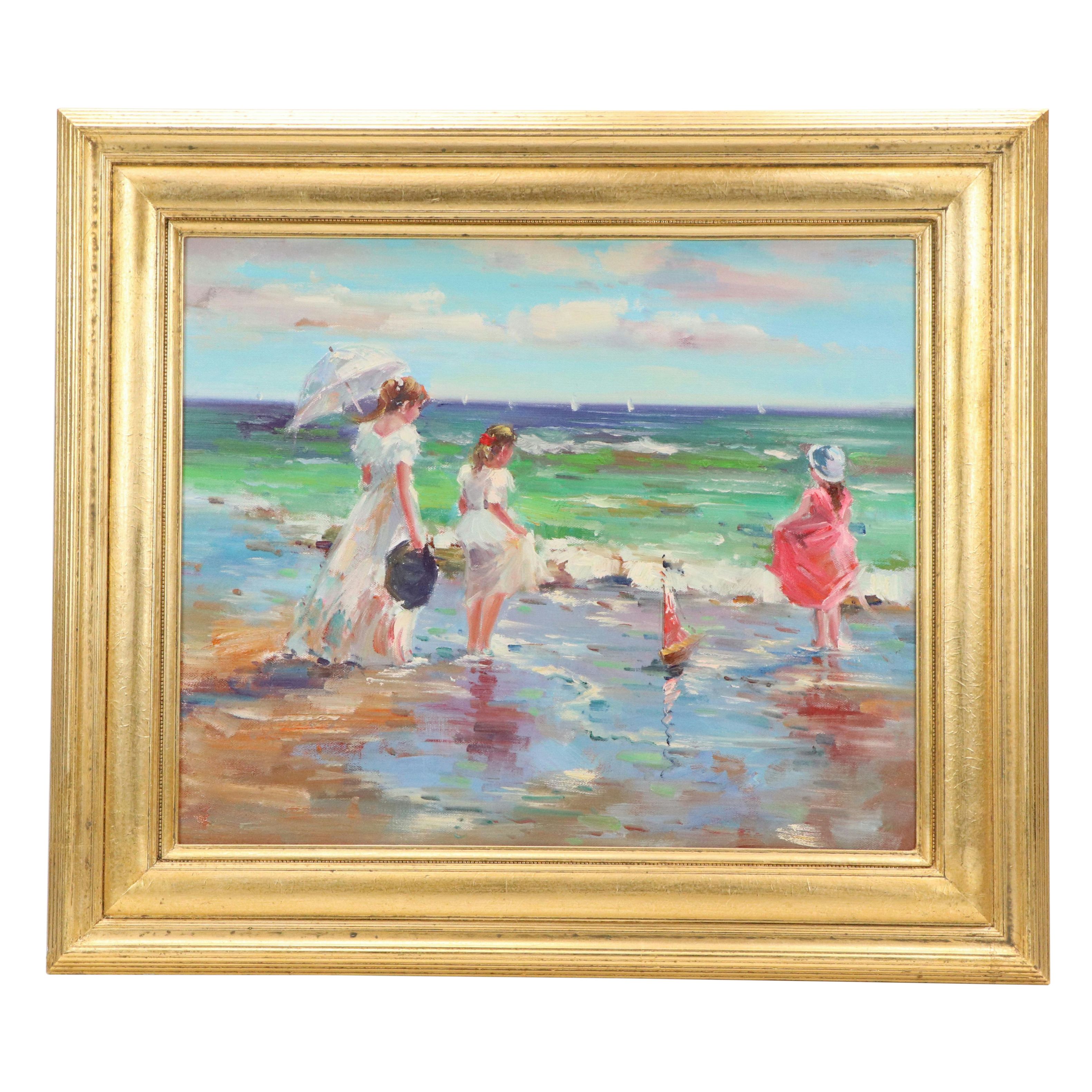 Impressionist Style Beach Scene Oil Painting