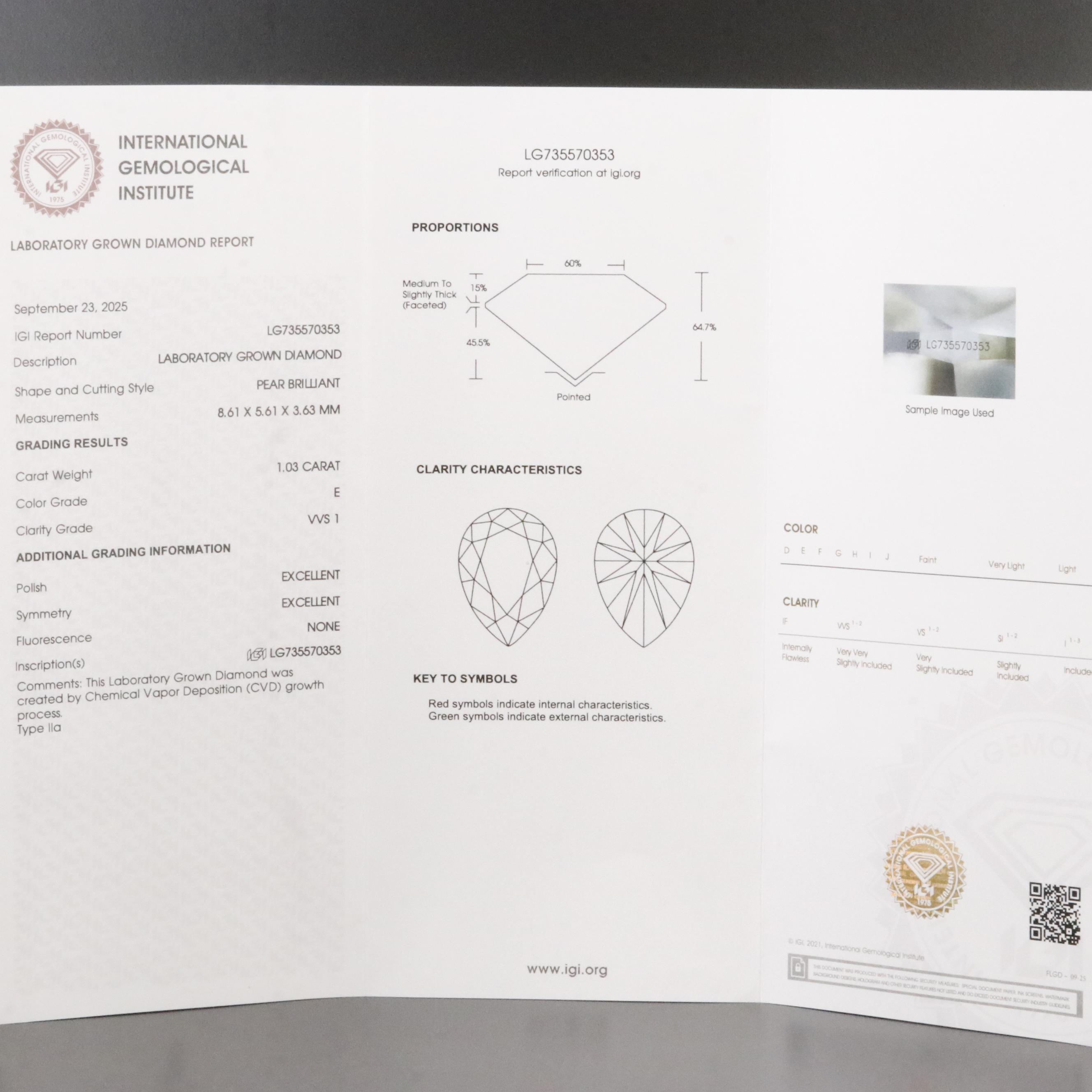 Loose 1.03 CT Lab Grown Diamond with IGI Report