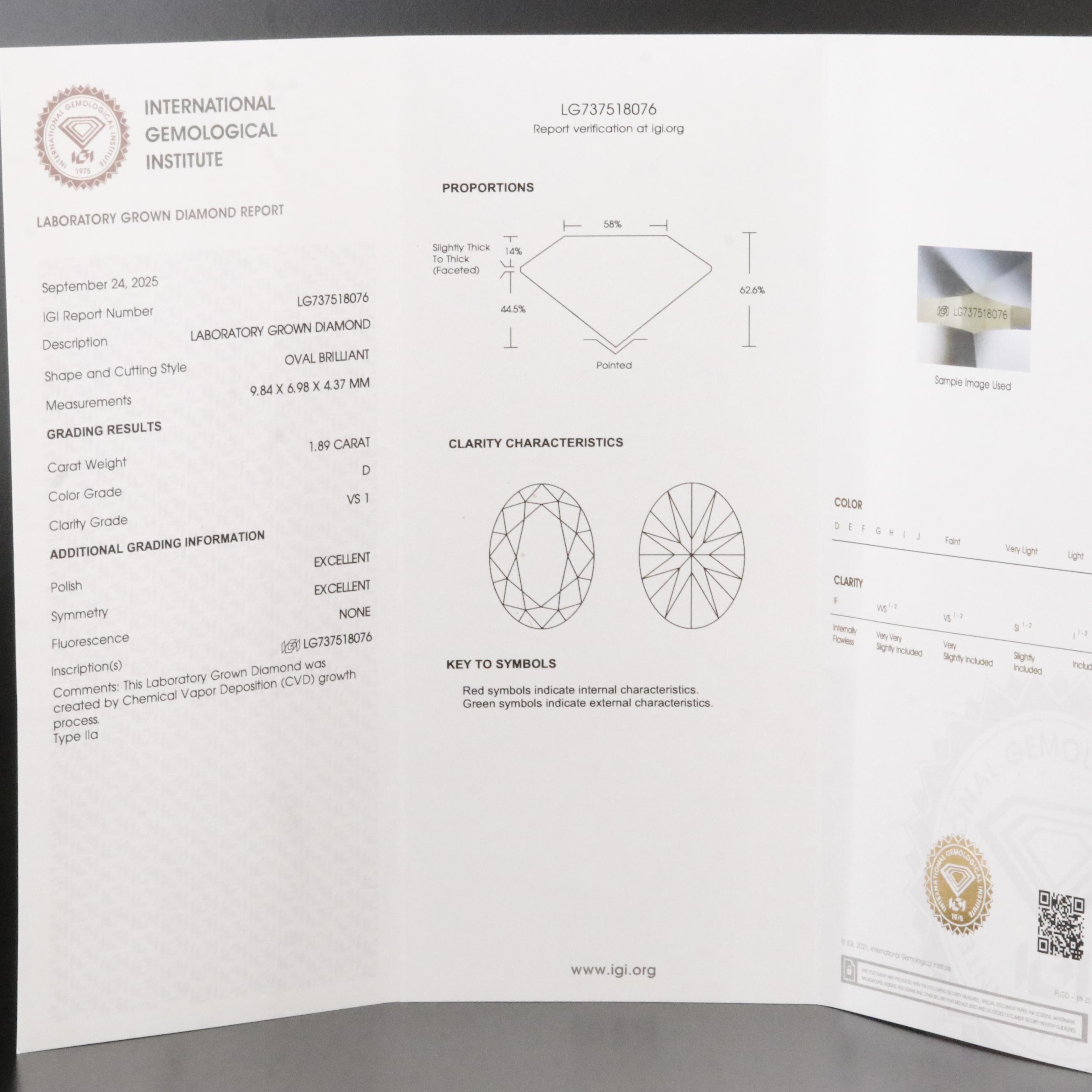 Loose 1.89 CT Lab Grown Diamond with IGI Report