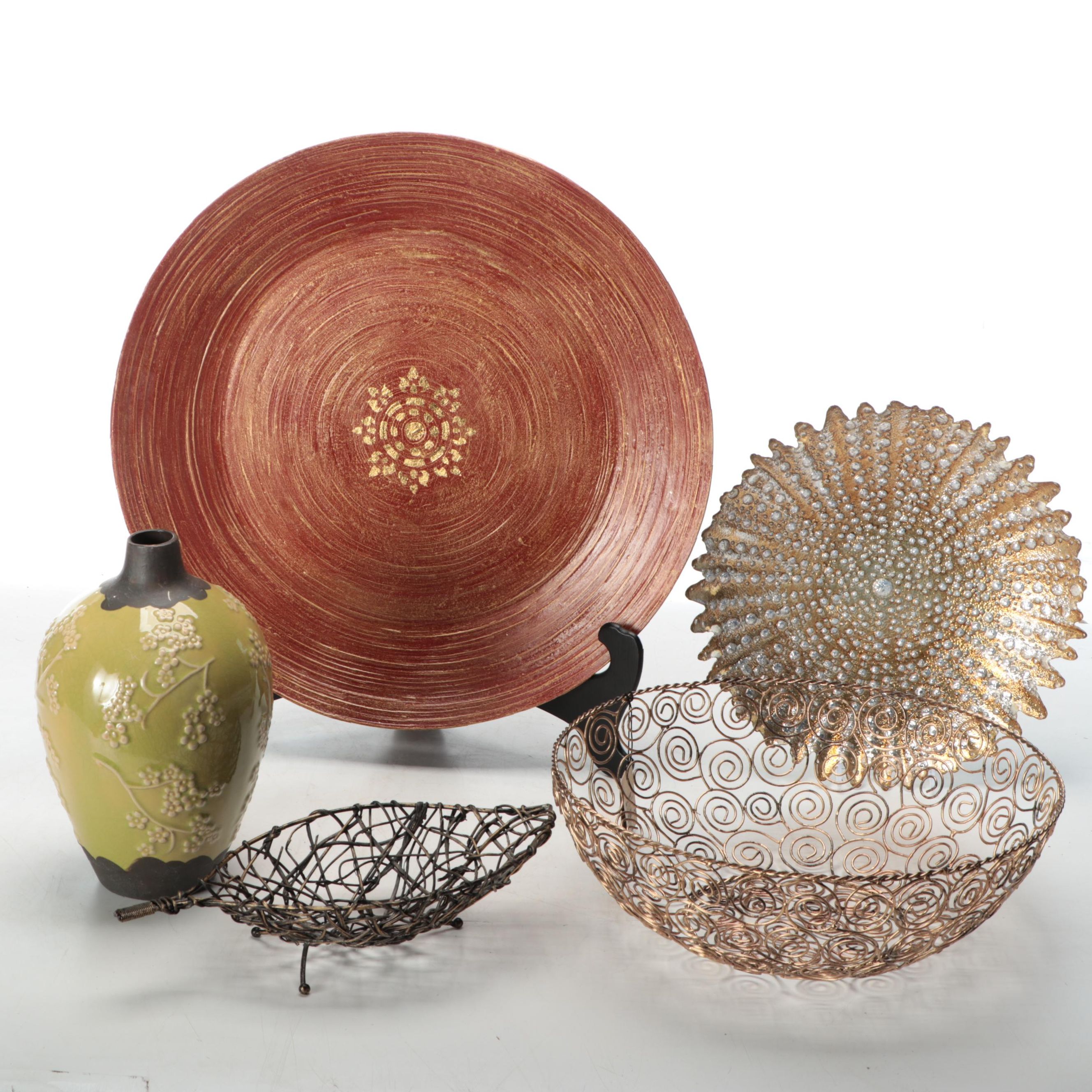 Antiqued Wire Bowl with Green Floral Vase and Other Décor