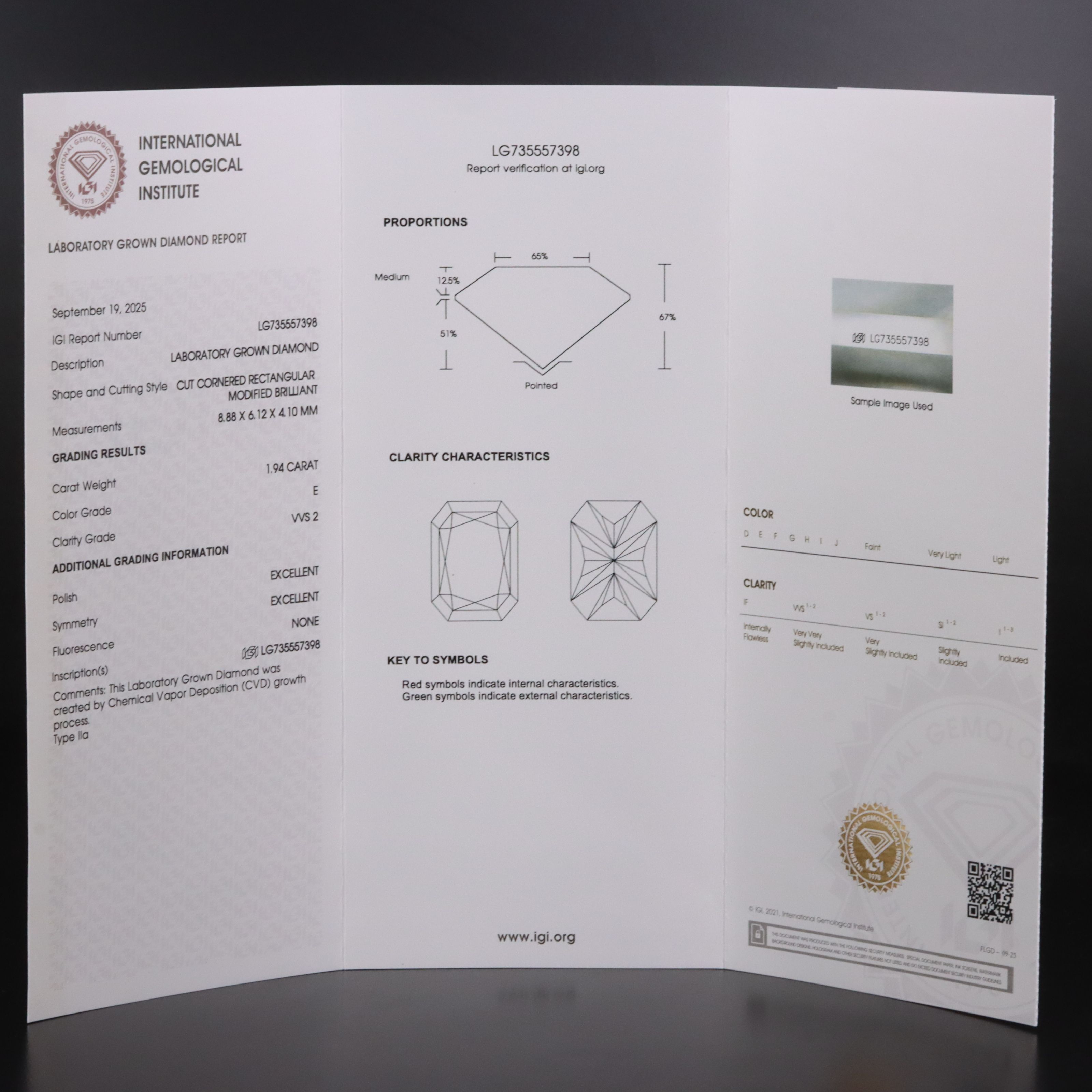Loose 1.94 CT Lab Grown Diamond with IGI Report