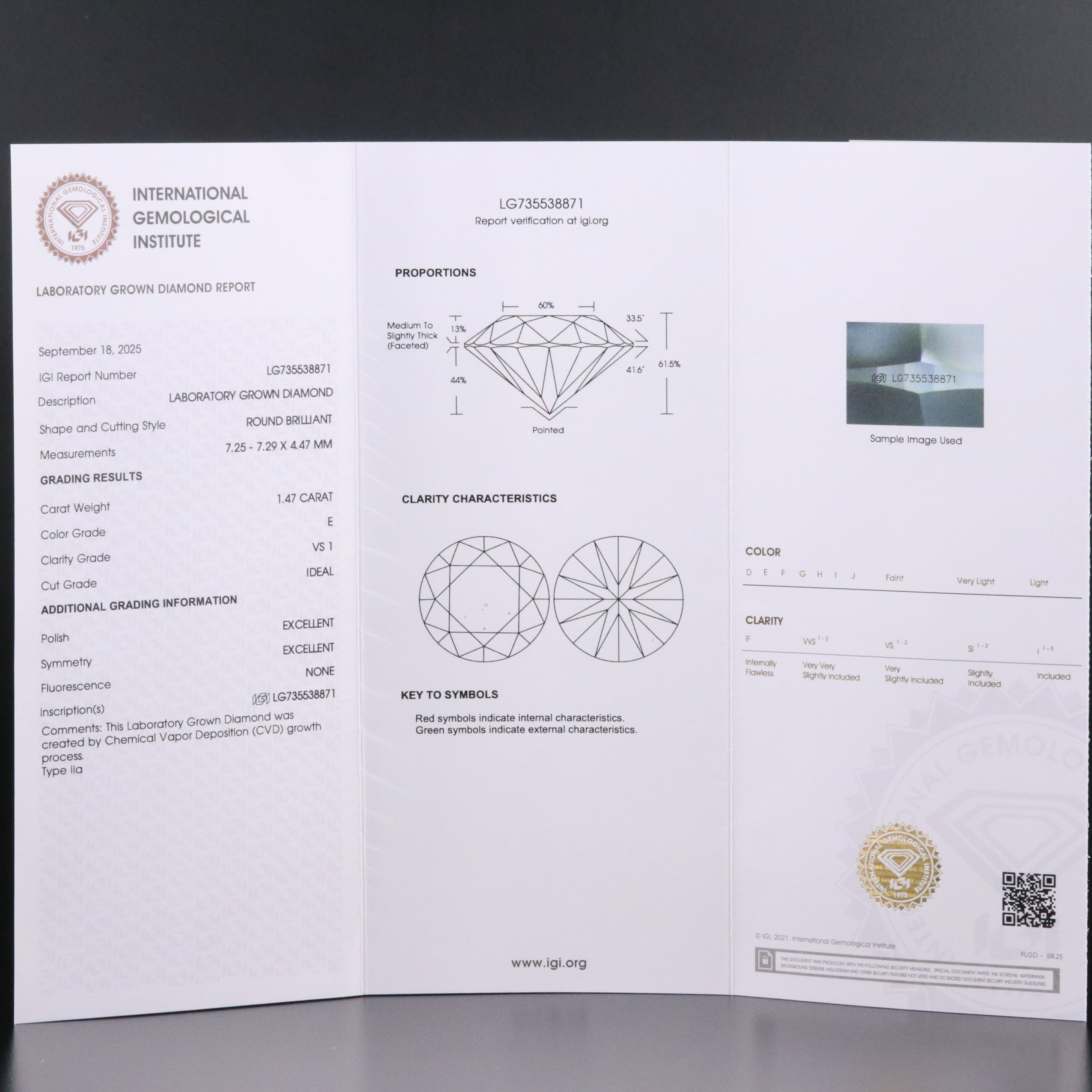 Loose 1.47 CT Lab Grown Diamond with IGI Report