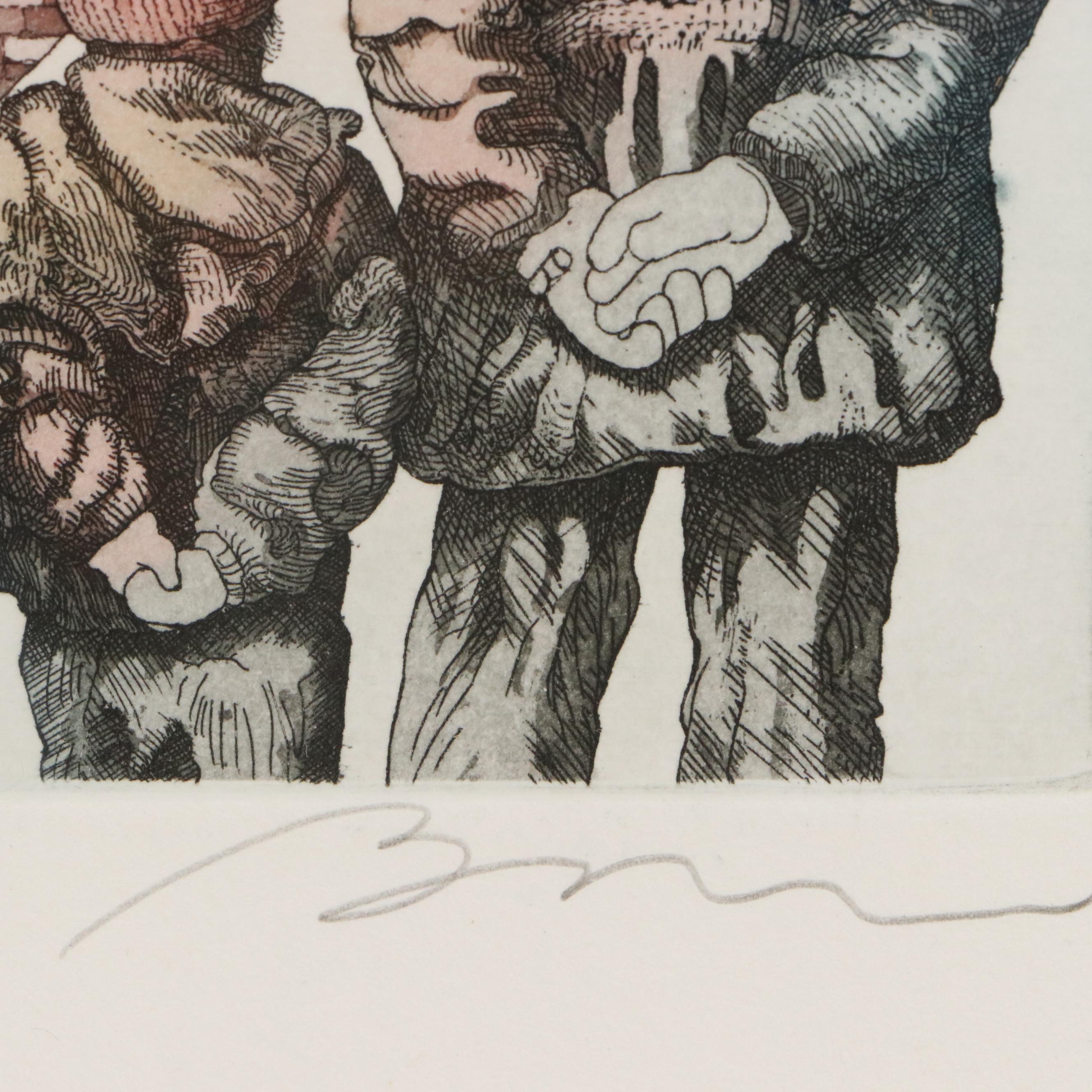 Etching with Aquatint of Figures Outside European Walled City