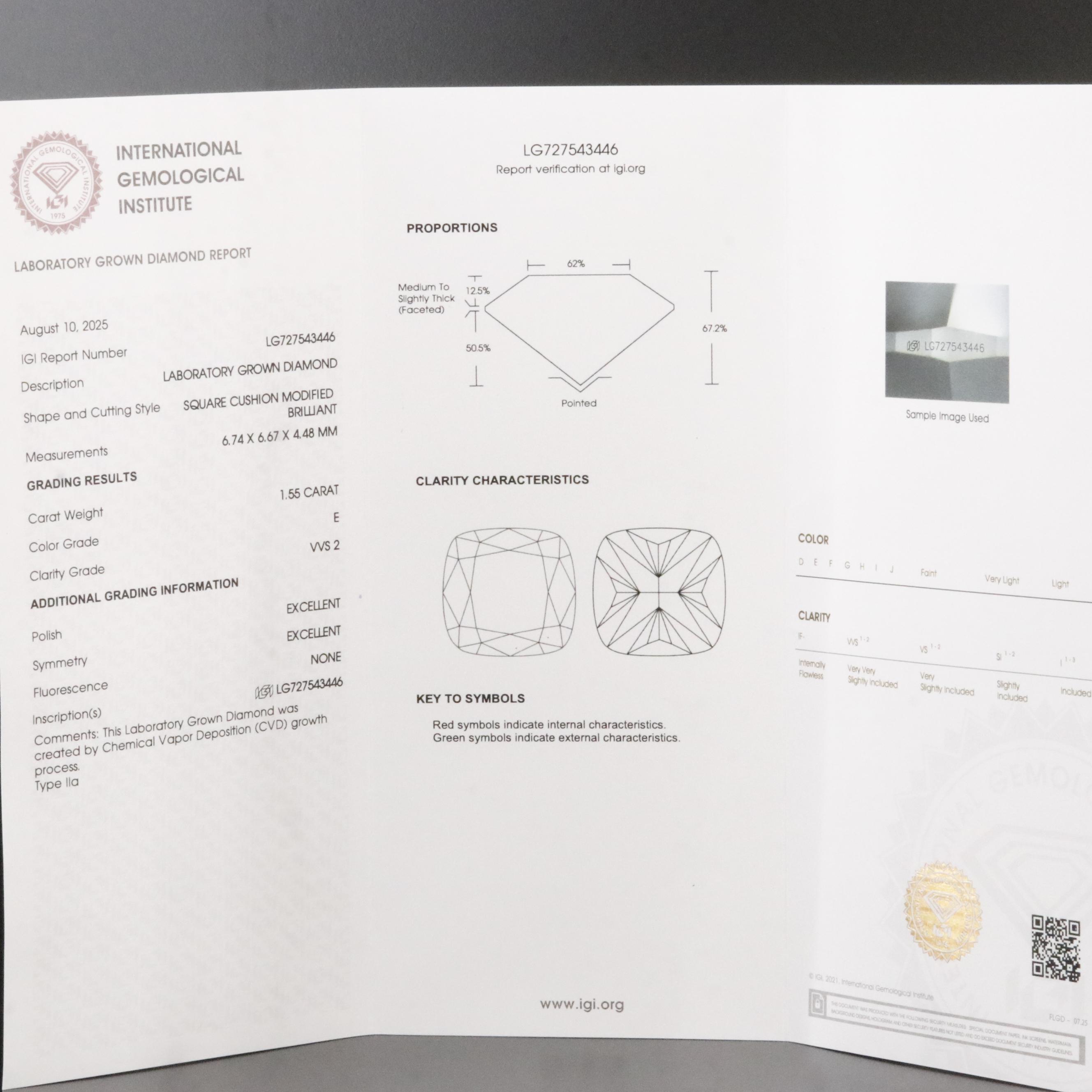 Loose 1.55 CTW Lab Grown Diamond with IGI Report
