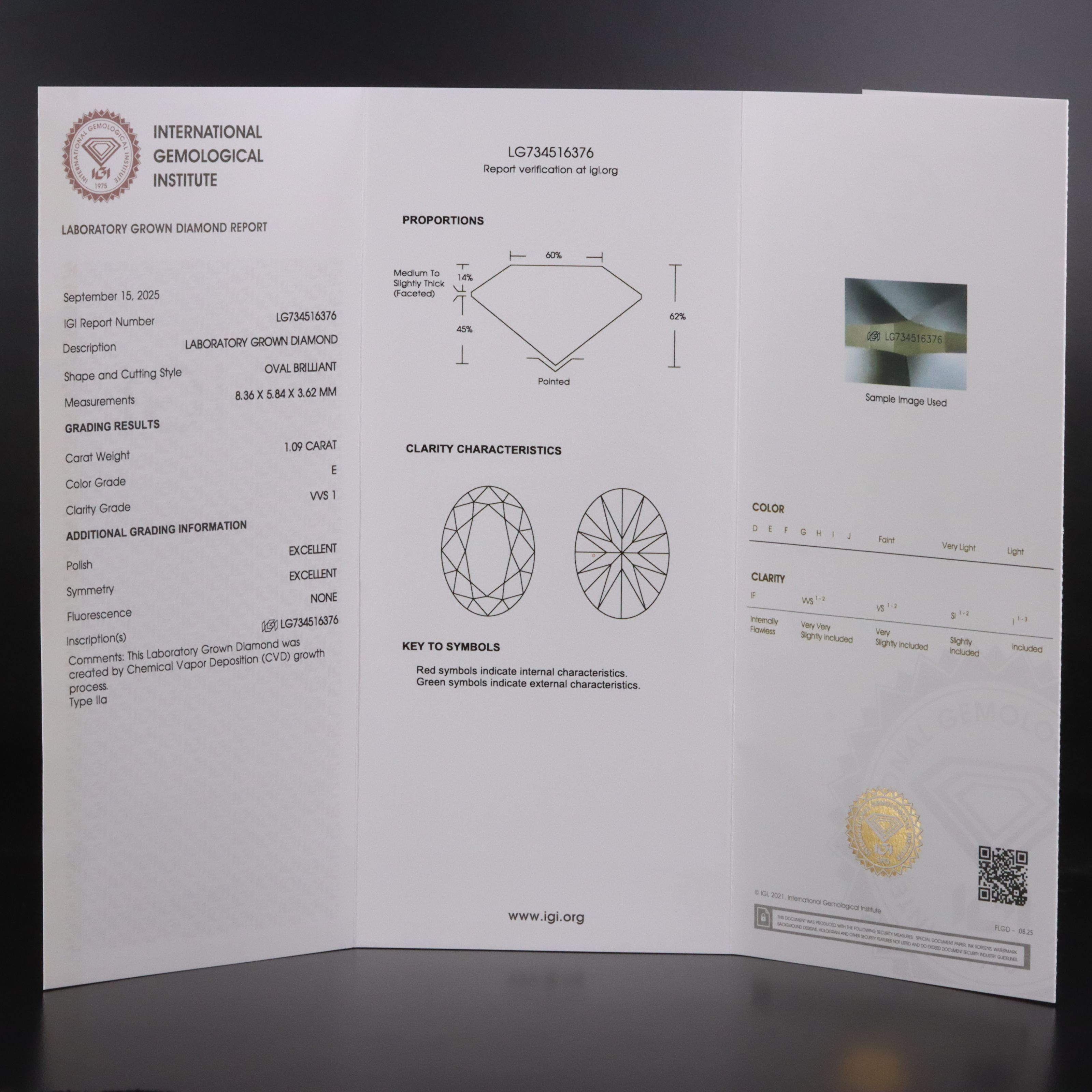 Loose 1.09 CT Lab Grown Diamond with IGI Report