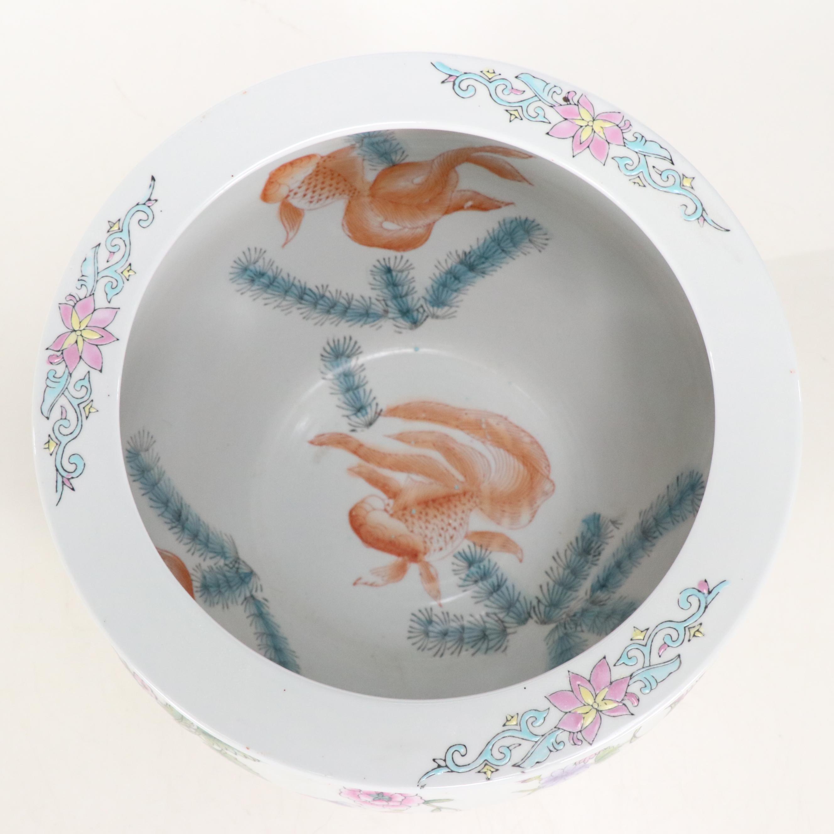 Famille Rose Porcelain Planter with Carved Wooden Base