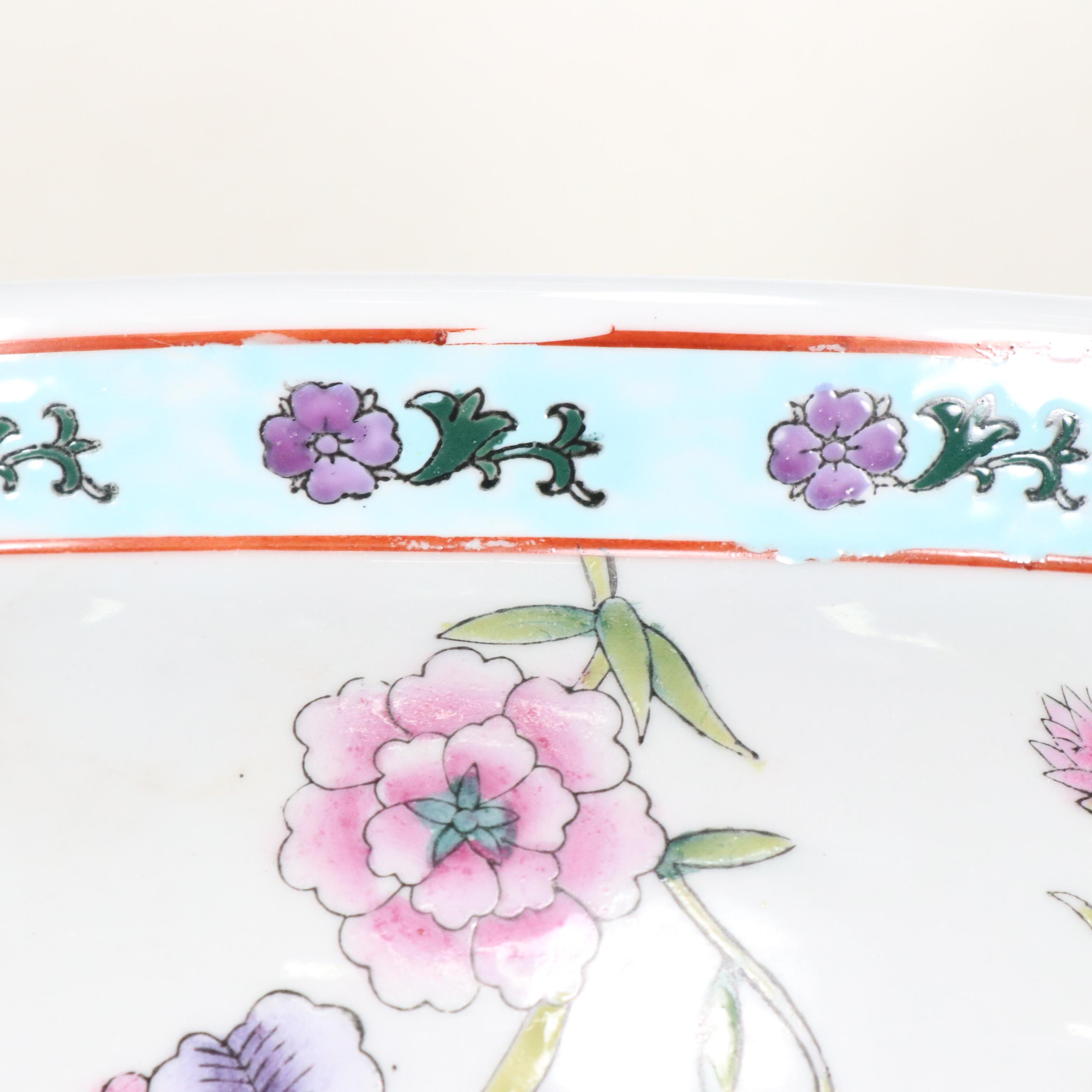 Famille Rose Porcelain Planter with Carved Wooden Base