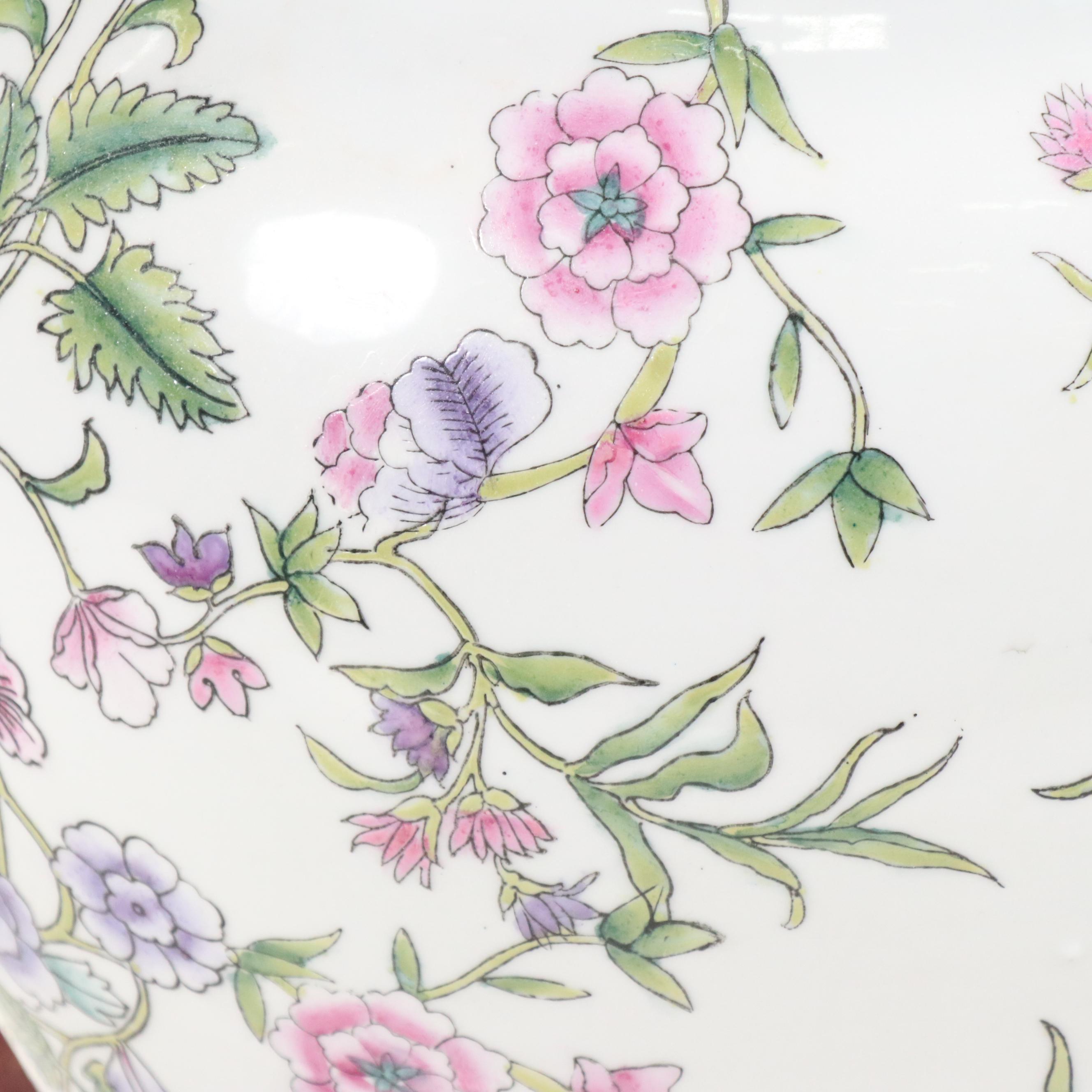 Famille Rose Porcelain Planter with Carved Wooden Base