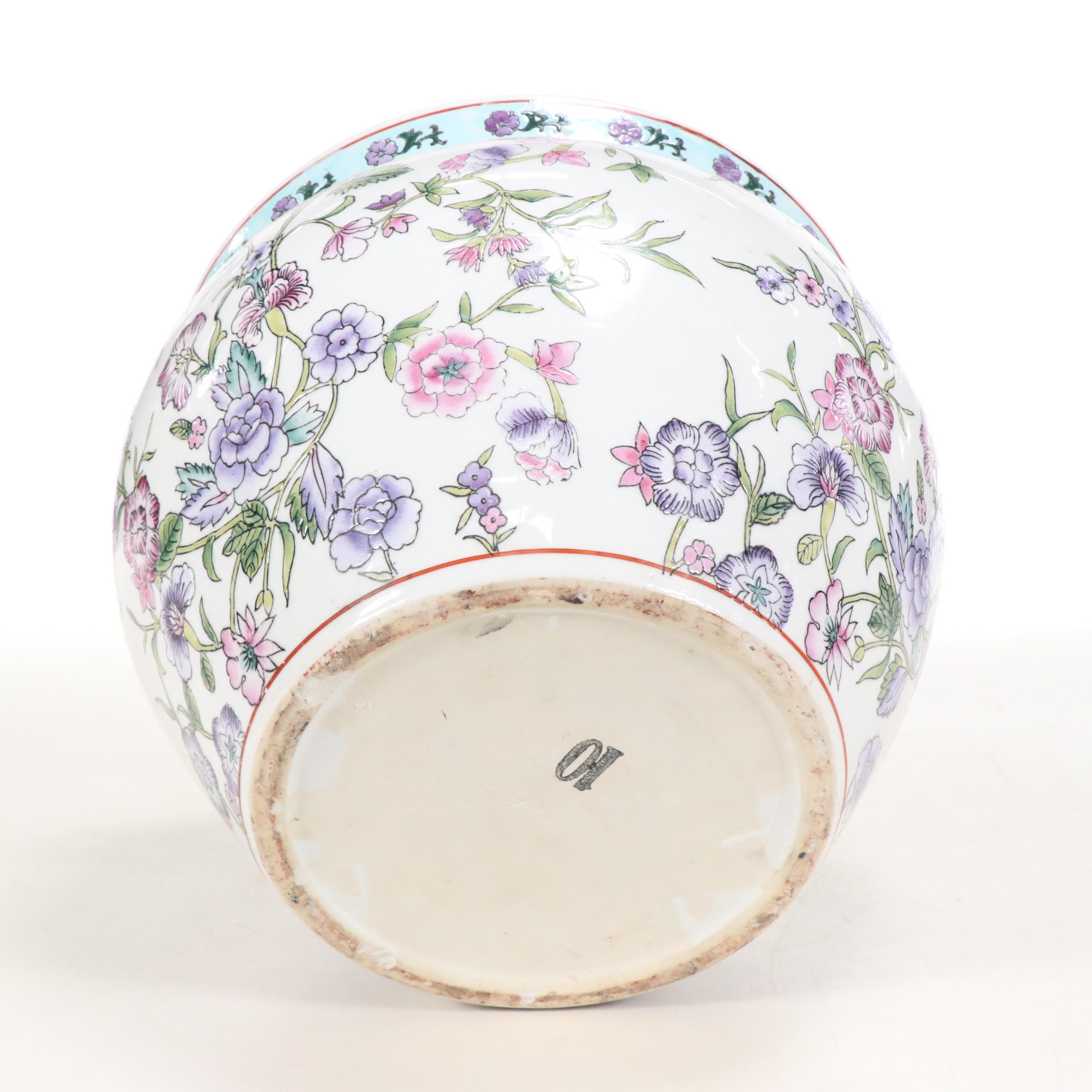 Famille Rose Porcelain Planter with Carved Wooden Base