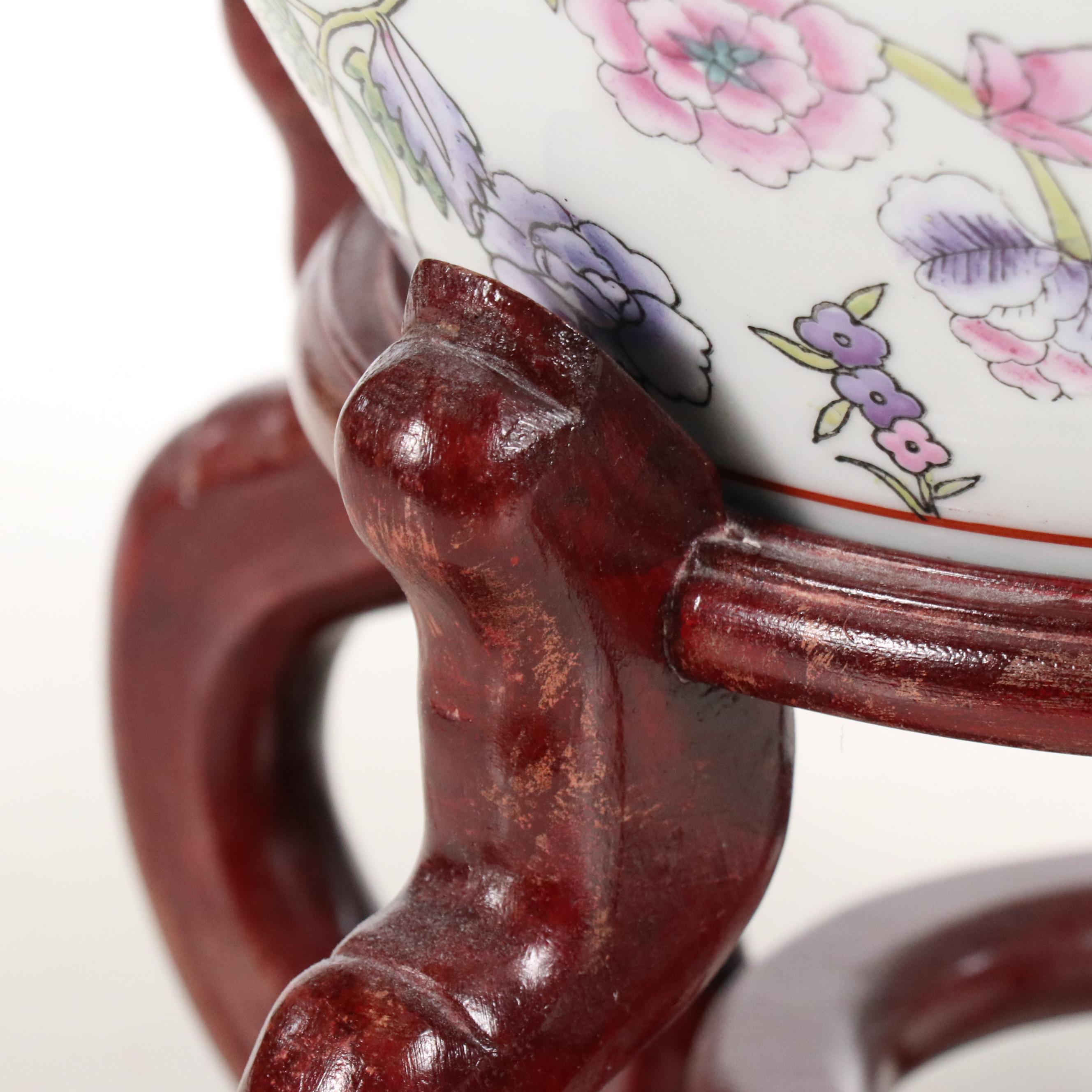 Famille Rose Porcelain Planter with Carved Wooden Base