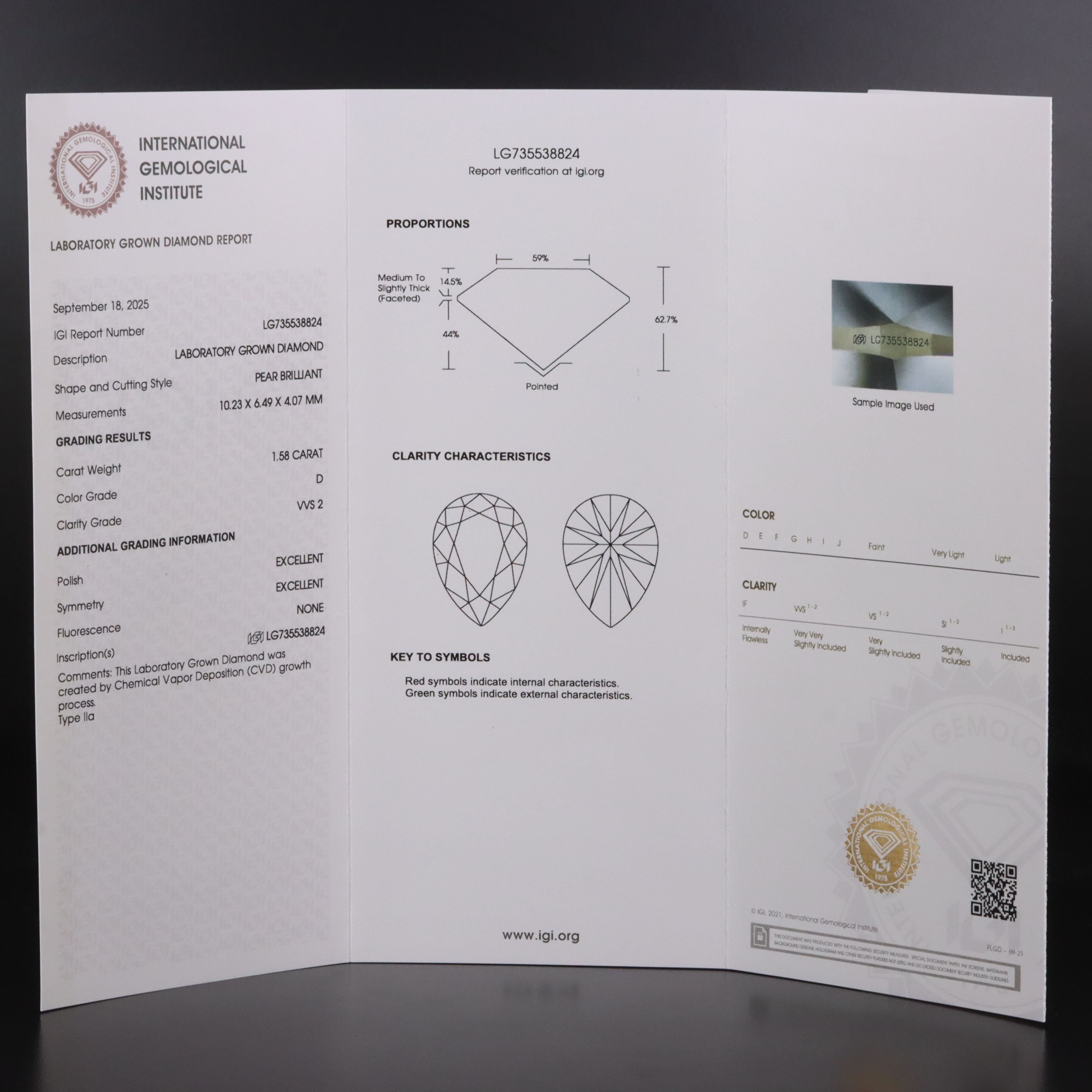 Loose 1.58 CT Lab Grown Diamond with IGI Report