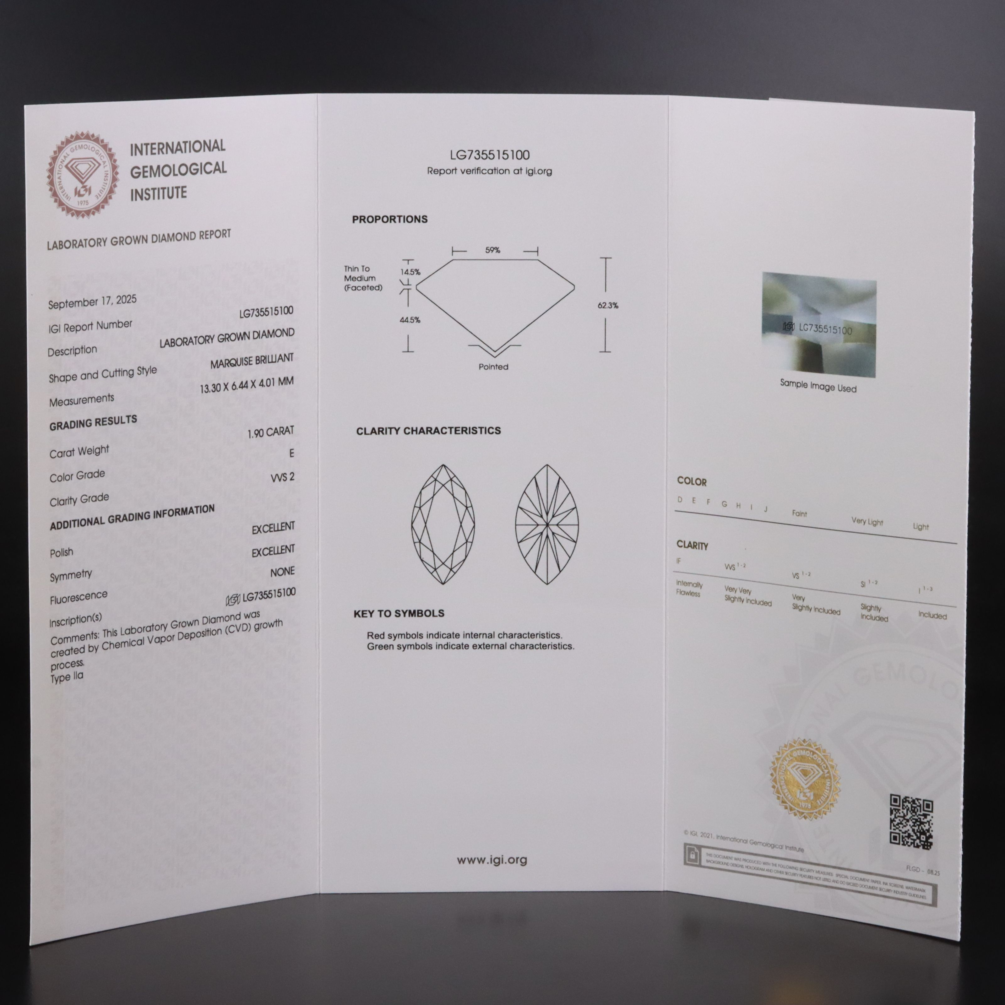 Loose 1.90 CT Lab Grown Diamond with IGI Report