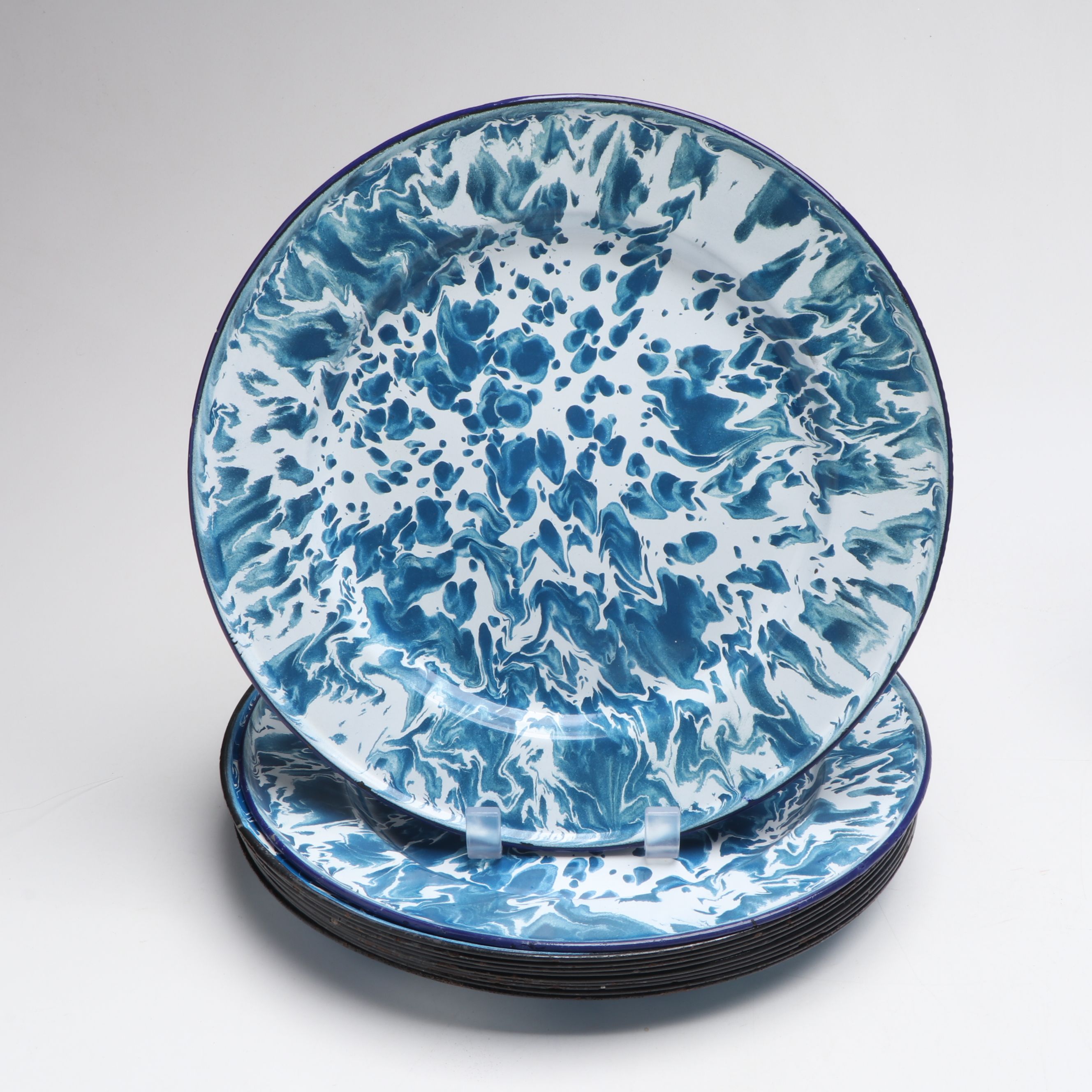 Cooking Pan, Plates and Other Blue Speckled and Marbled Enamelware