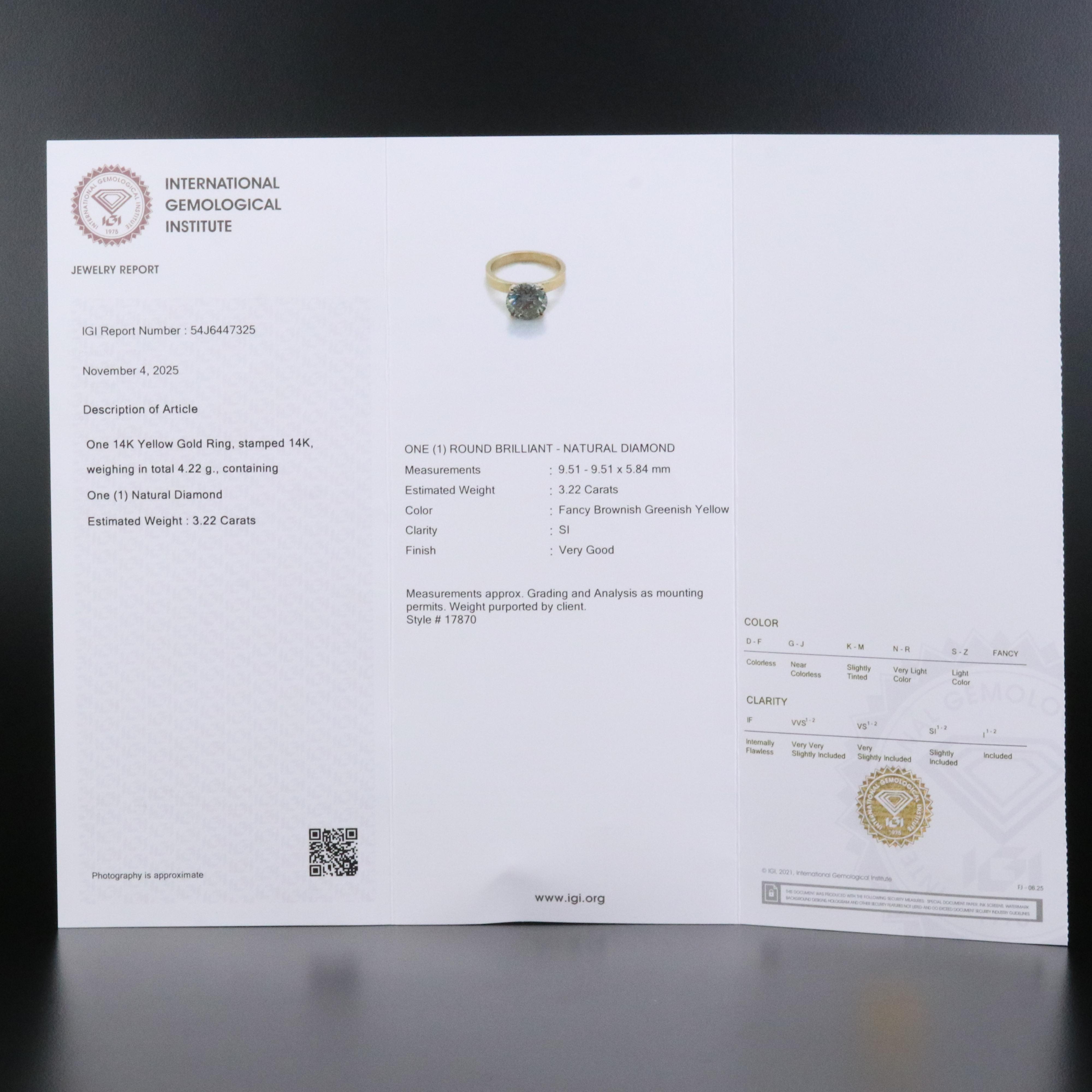 14K 3.22 CT Diamond Ring with IGI Jewelry Report