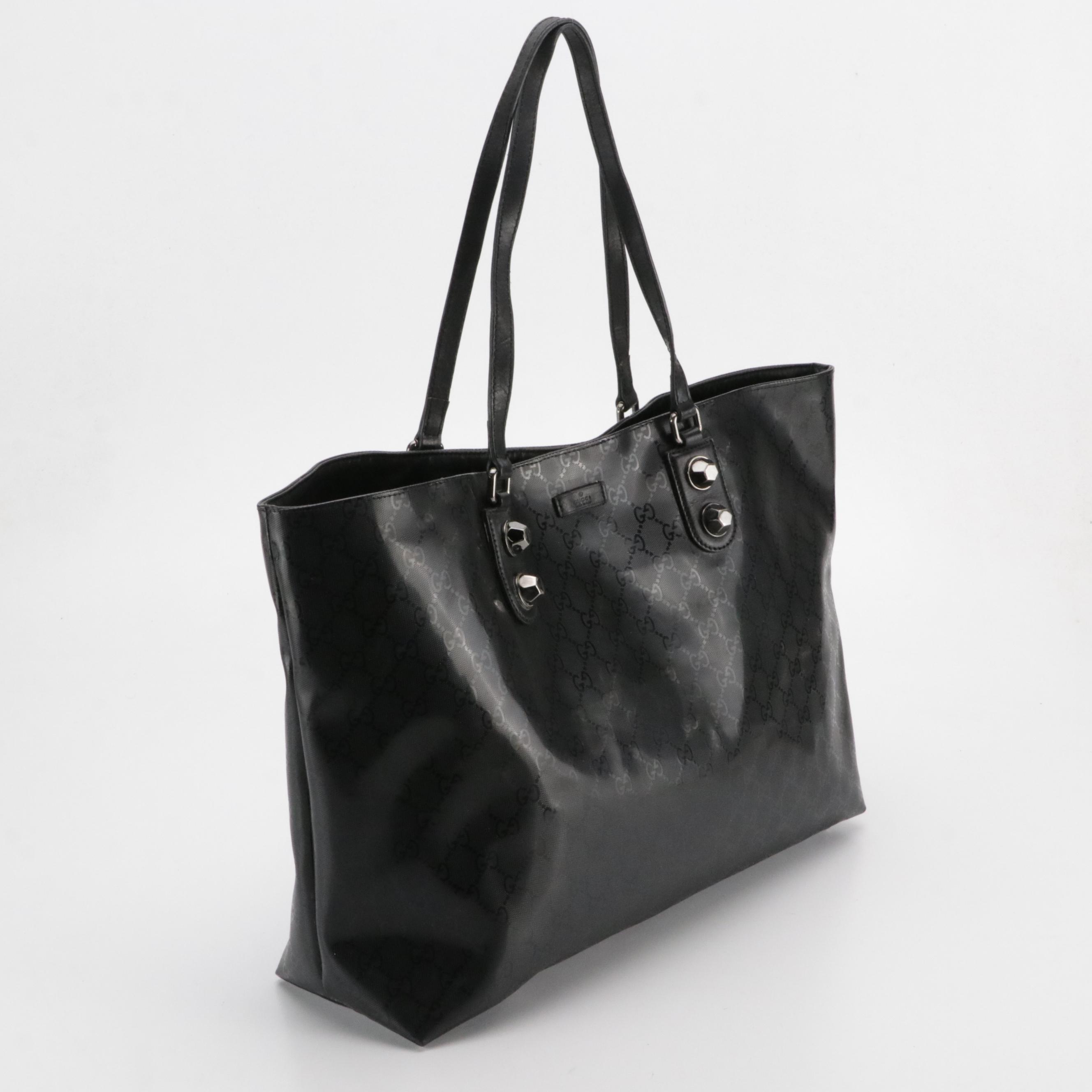 Gucci Large Studded Tote in Black GG Imprimé Canvas and Leather Trim